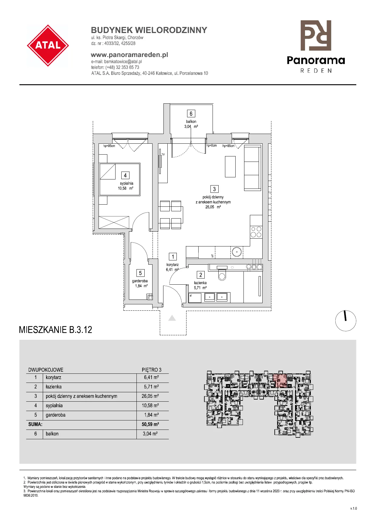 Mieszkanie 50,75 m², piętro 3, oferta nr B-3-M12, Panorama Reden, Chorzów, Centrum, Centrum, ul. Piotra Skargi