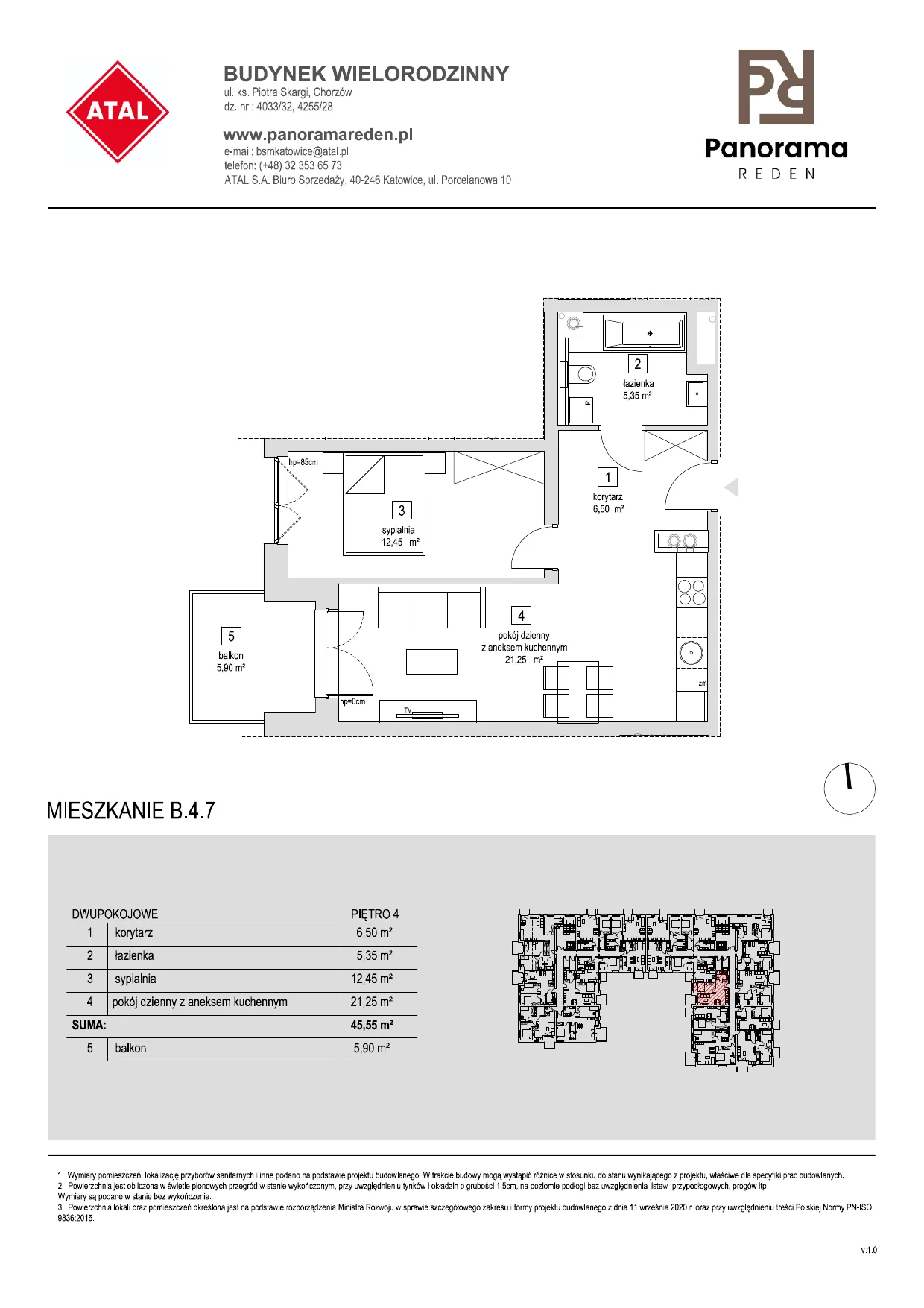 Mieszkanie 45,54 m², piętro 4, oferta nr B-4-M07, Panorama Reden, Chorzów, Centrum, Centrum, ul. Piotra Skargi
