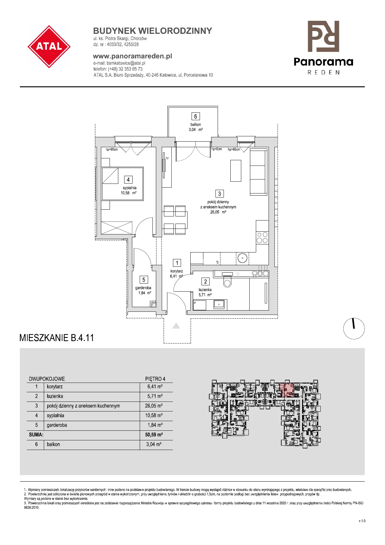 Mieszkanie 50,68 m², piętro 4, oferta nr B-4-M11, Panorama Reden, Chorzów, Centrum, Centrum, ul. Piotra Skargi