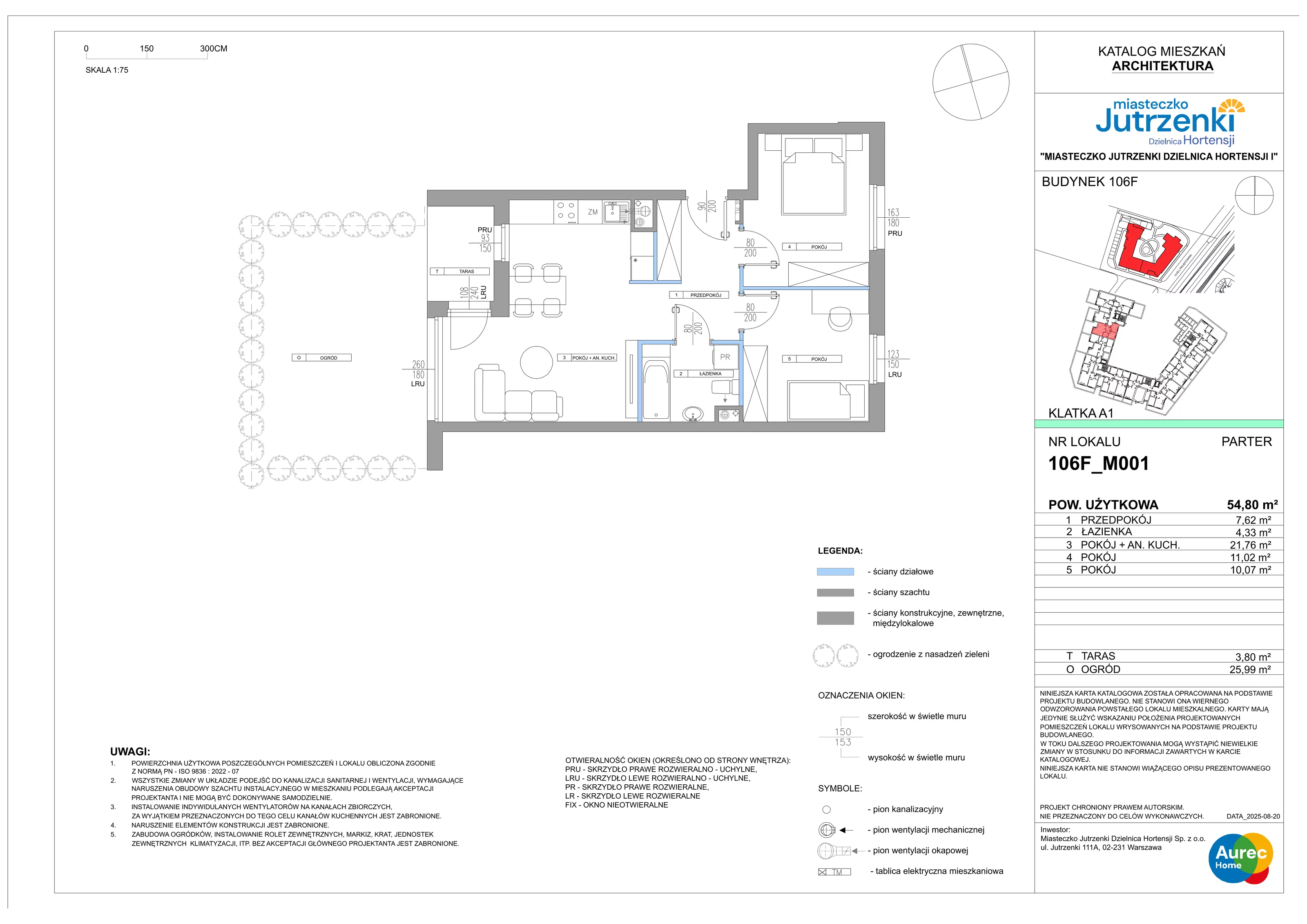 3 pokoje, mieszkanie 54,80 m², parter, oferta nr 106F/M001, Miasteczko Jutrzenki Dzielnica Hortensji, Warszawa, Włochy, ul. Jutrzenki 106F