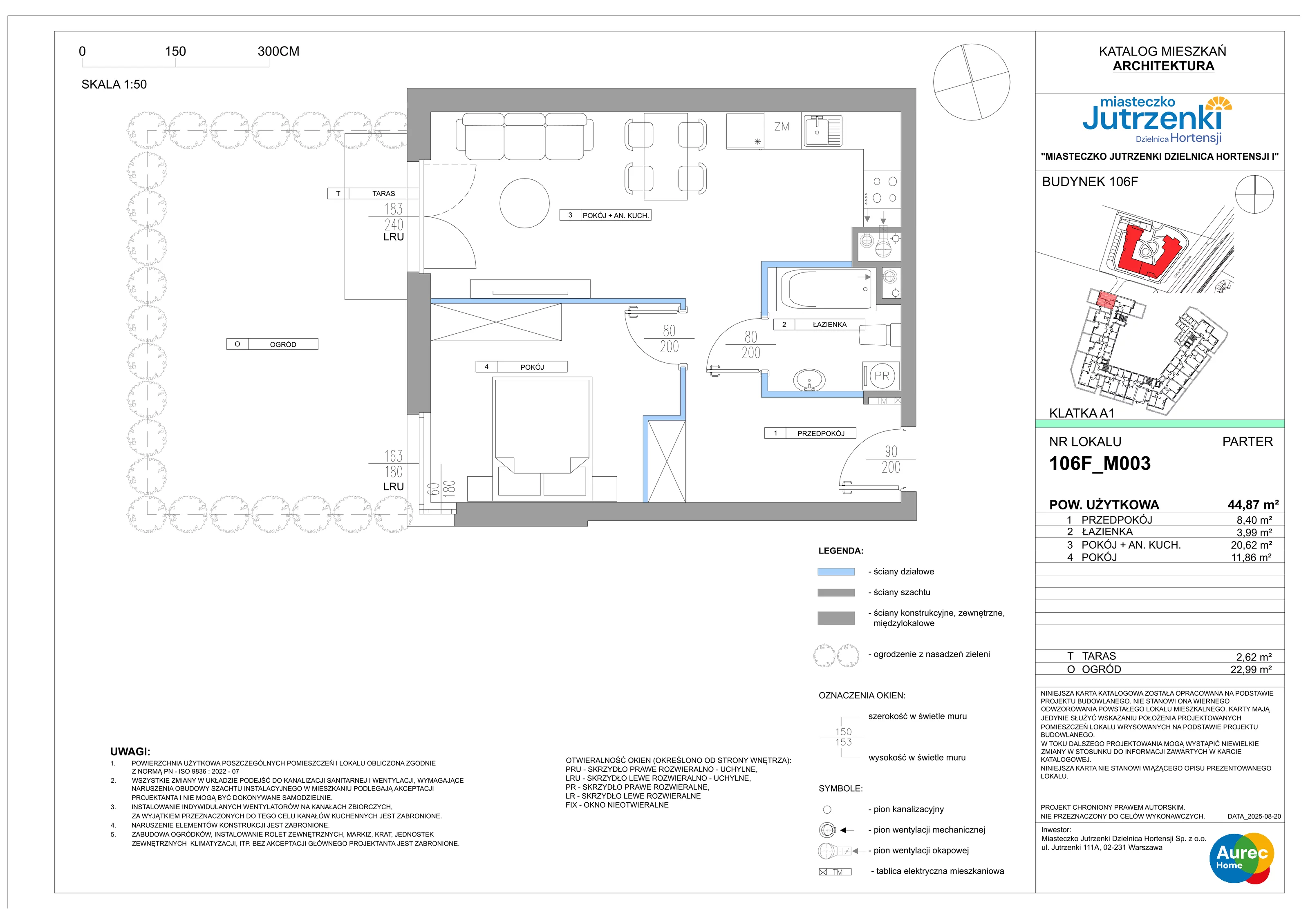 2 pokoje, mieszkanie 44,87 m², parter, oferta nr 106F/M003, Miasteczko Jutrzenki Dzielnica Hortensji, Warszawa, Włochy, ul. Jutrzenki 106F
