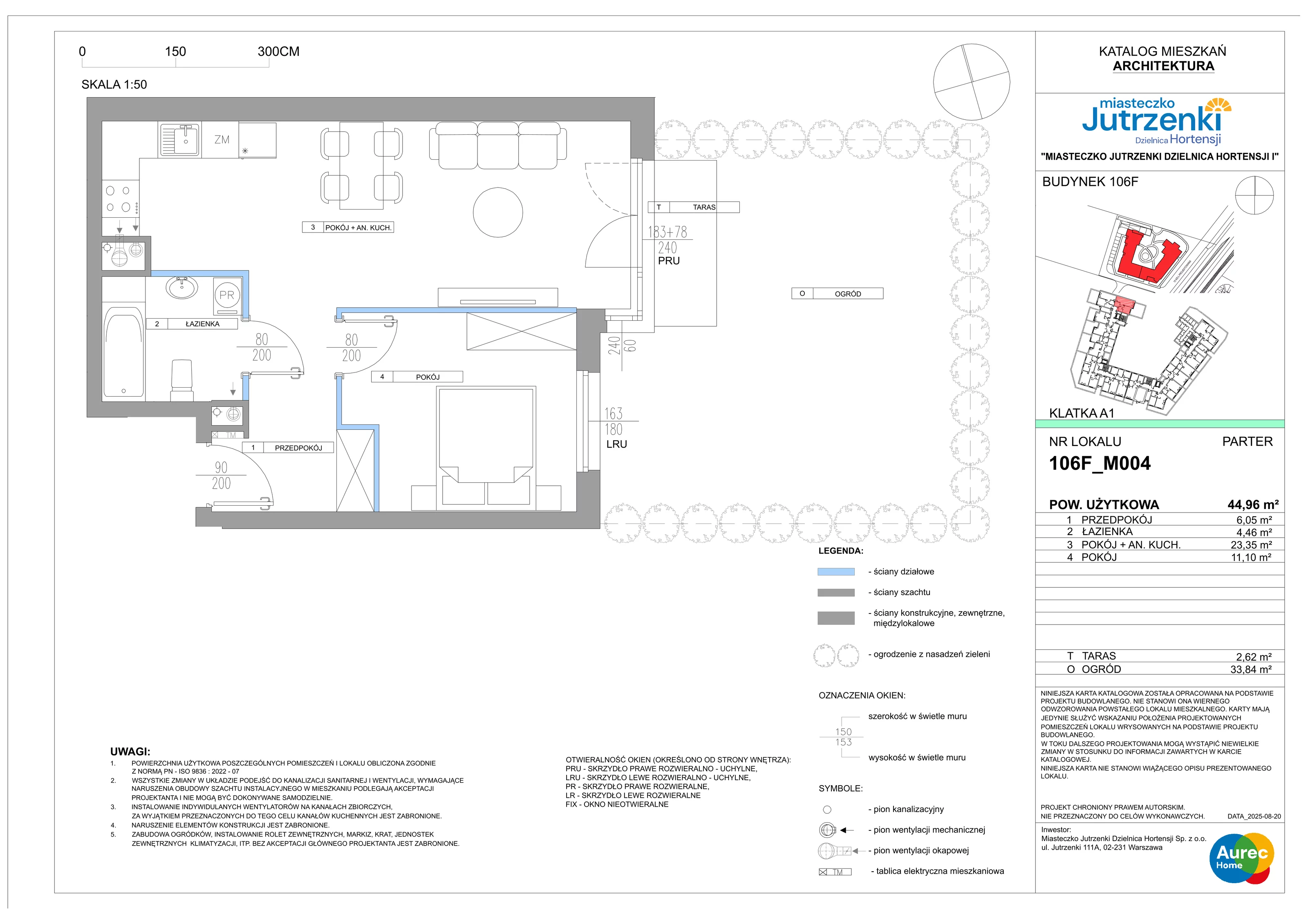 2 pokoje, mieszkanie 44,96 m², parter, oferta nr 106F/M004, Miasteczko Jutrzenki Dzielnica Hortensji, Warszawa, Włochy, ul. Jutrzenki 106F