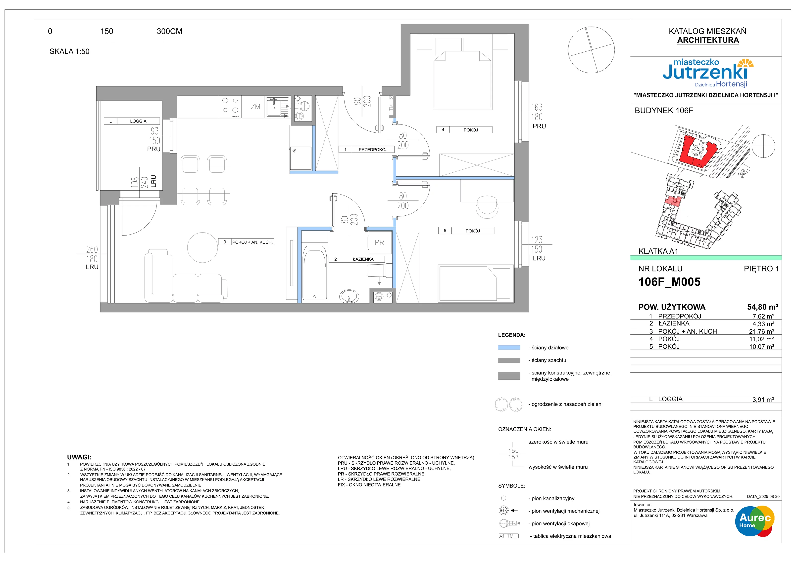 3 pokoje, mieszkanie 54,80 m², piętro 1, oferta nr 106F/M005, Miasteczko Jutrzenki Dzielnica Hortensji, Warszawa, Włochy, ul. Jutrzenki 106F