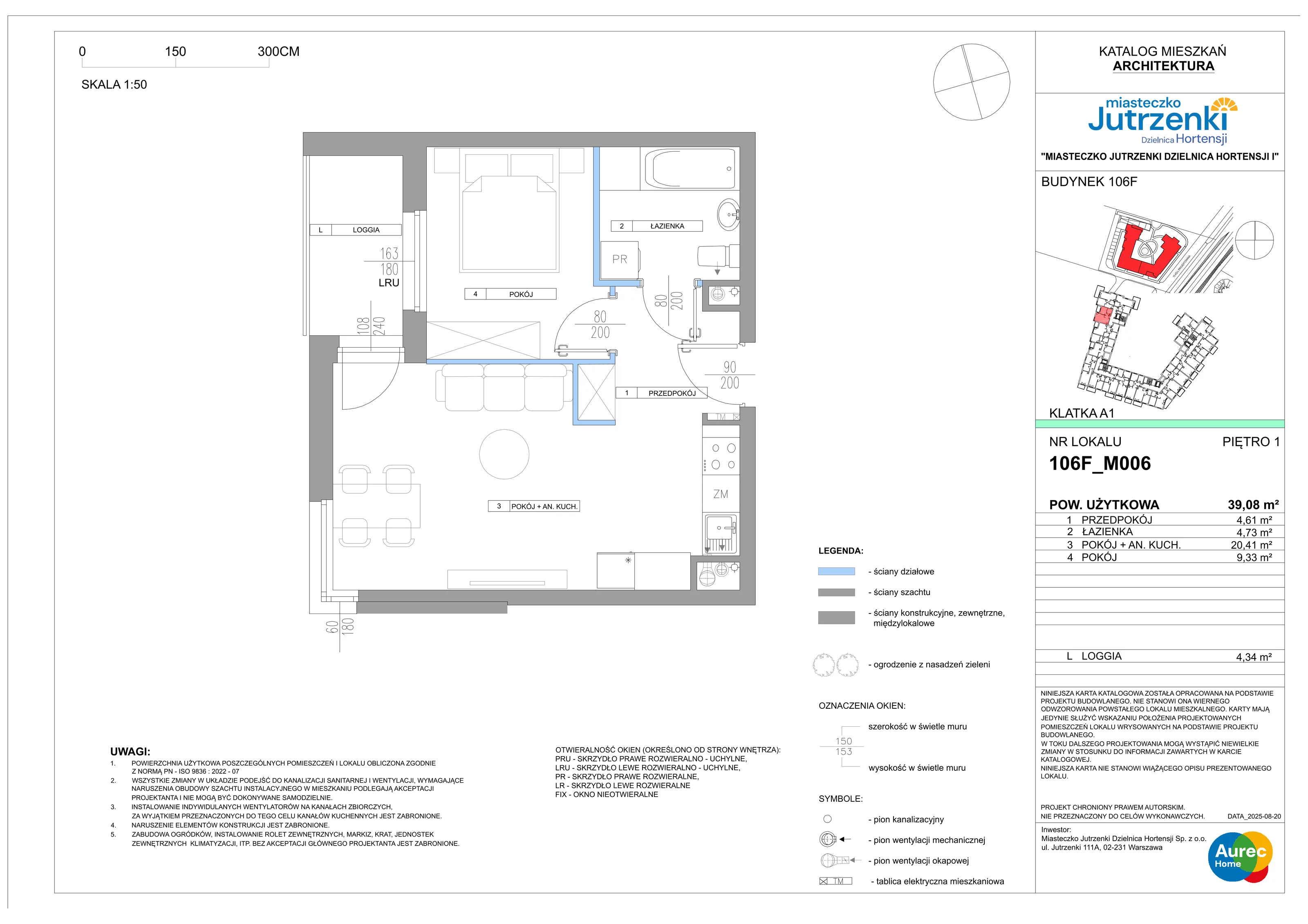 2 pokoje, mieszkanie 39,08 m², piętro 1, oferta nr 106F/M006, Miasteczko Jutrzenki Dzielnica Hortensji, Warszawa, Włochy, ul. Jutrzenki 106F