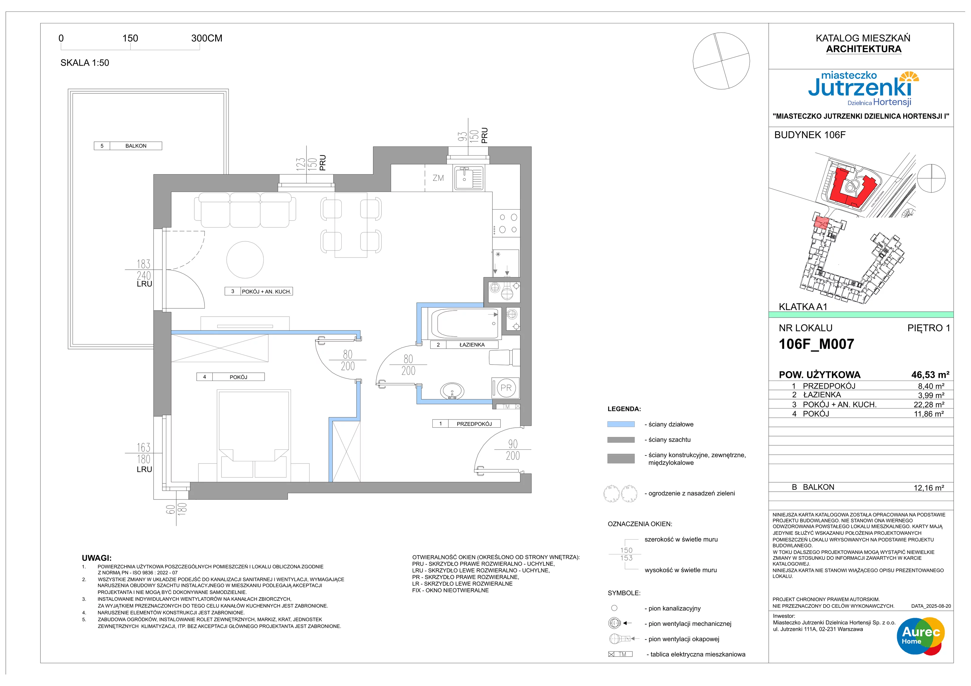 2 pokoje, mieszkanie 46,53 m², piętro 1, oferta nr 106F/M007, Miasteczko Jutrzenki Dzielnica Hortensji, Warszawa, Włochy, ul. Jutrzenki 106F