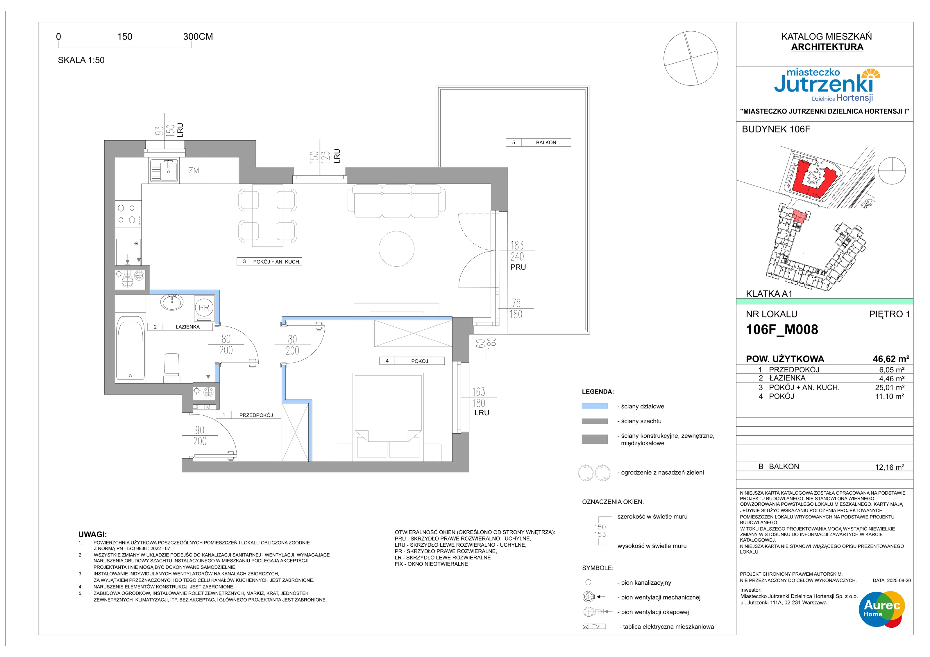 2 pokoje, mieszkanie 46,62 m², piętro 1, oferta nr 106F/M008, Miasteczko Jutrzenki Dzielnica Hortensji, Warszawa, Włochy, ul. Jutrzenki 106F