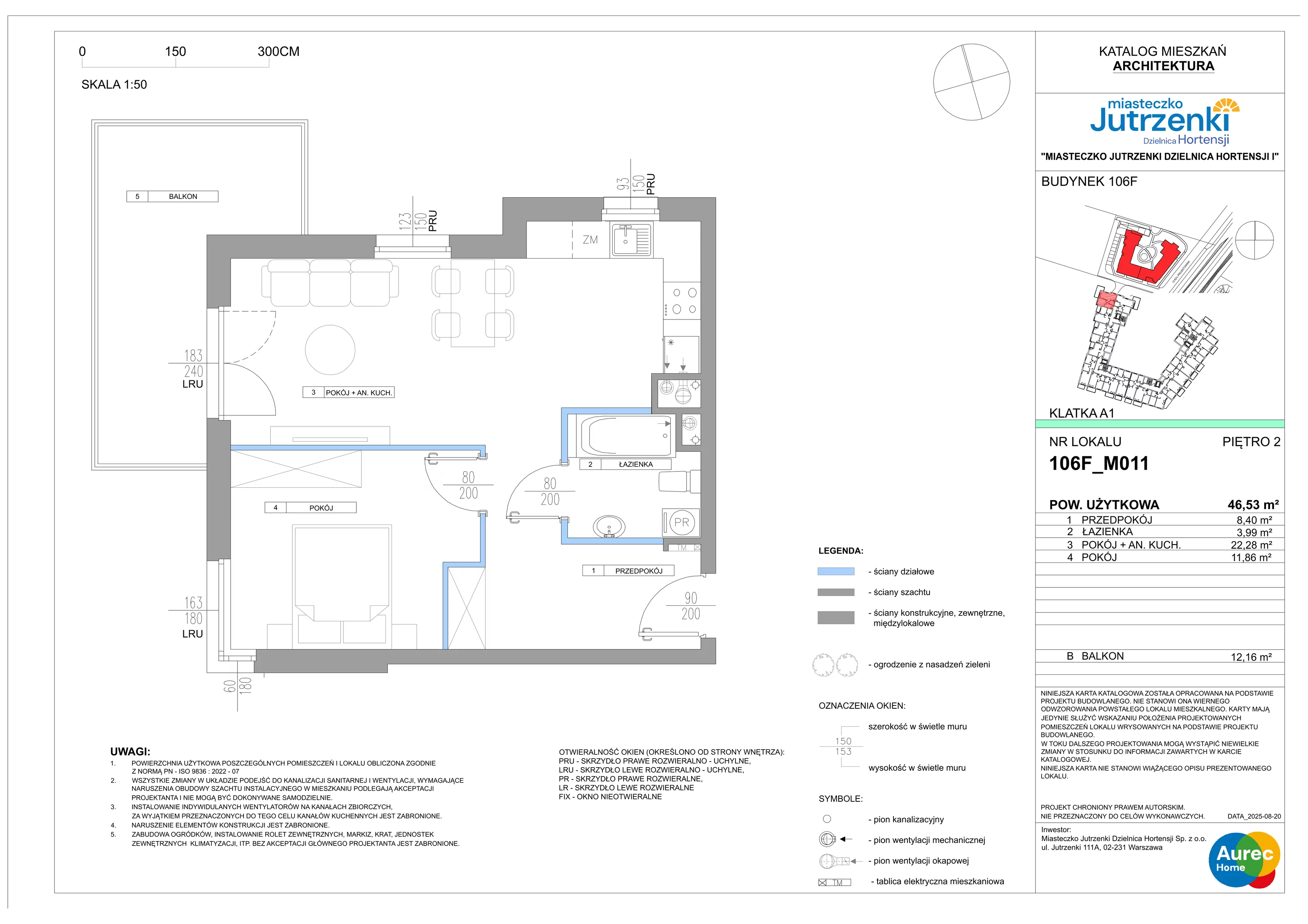 2 pokoje, mieszkanie 46,53 m², piętro 2, oferta nr 106F/M011, Miasteczko Jutrzenki Dzielnica Hortensji, Warszawa, Włochy, ul. Jutrzenki 106F