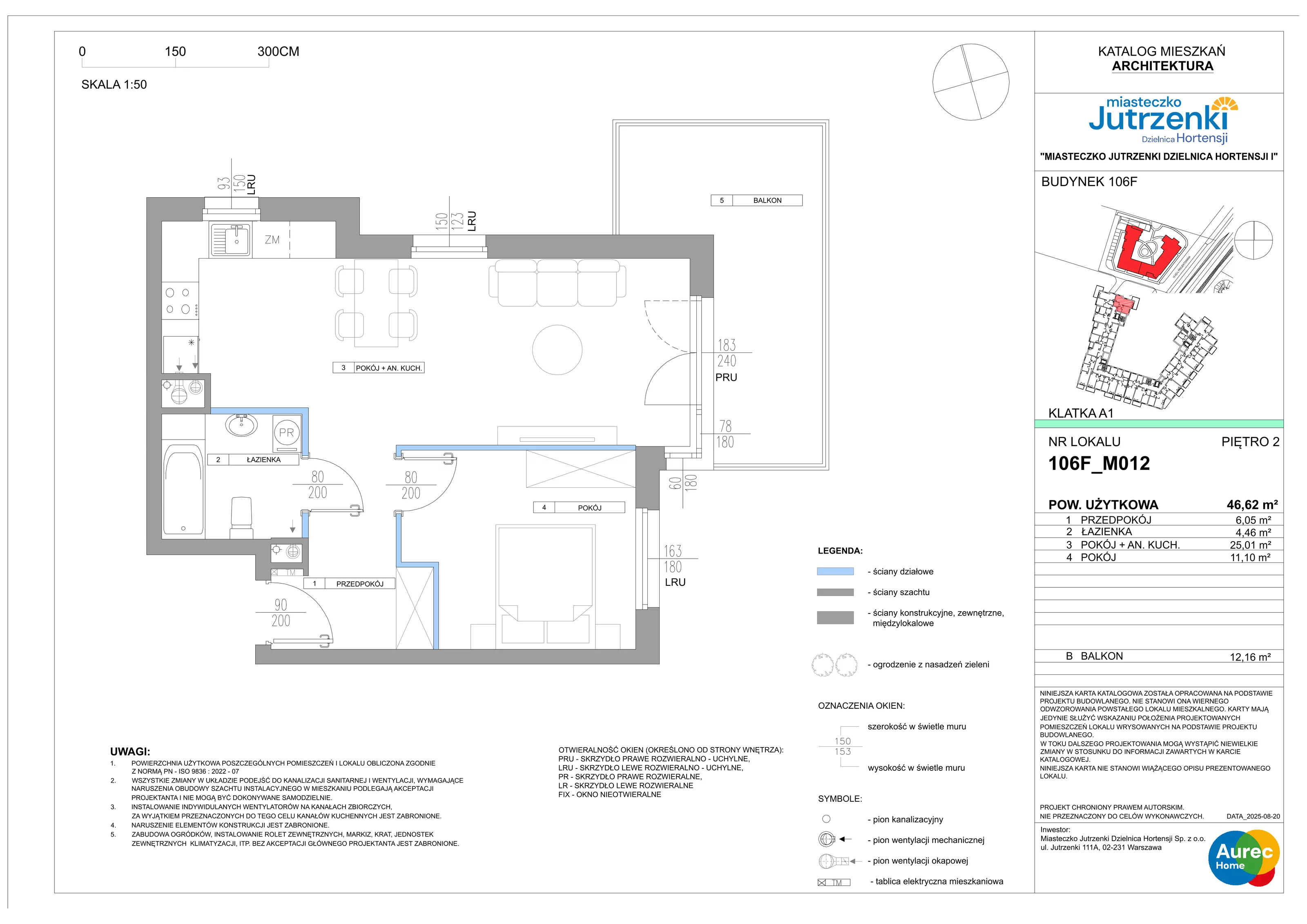 2 pokoje, mieszkanie 46,62 m², piętro 2, oferta nr 106F/M012, Miasteczko Jutrzenki Dzielnica Hortensji, Warszawa, Włochy, ul. Jutrzenki 106F