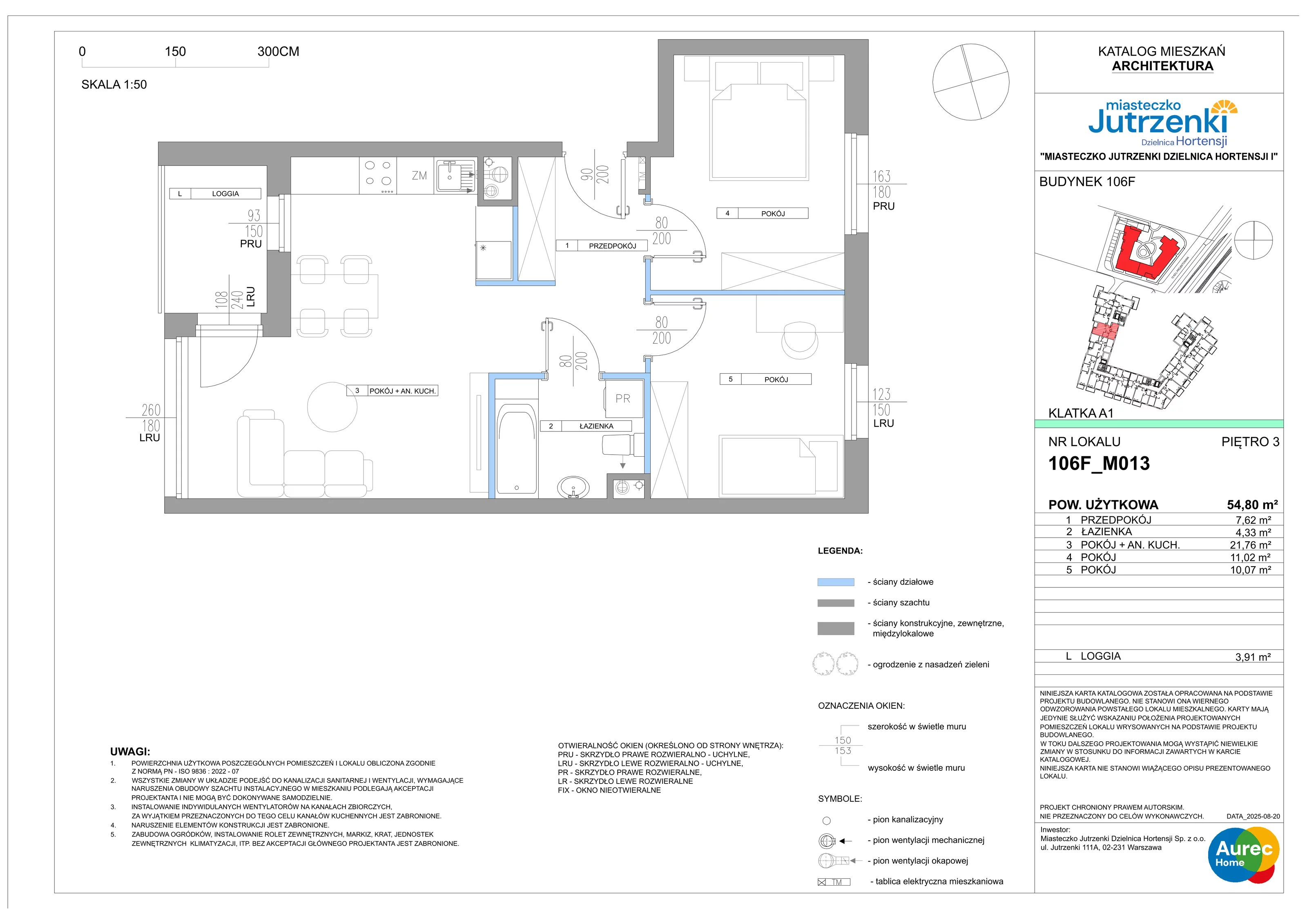3 pokoje, mieszkanie 54,80 m², piętro 3, oferta nr 106F/M013, Miasteczko Jutrzenki Dzielnica Hortensji, Warszawa, Włochy, ul. Jutrzenki 106F