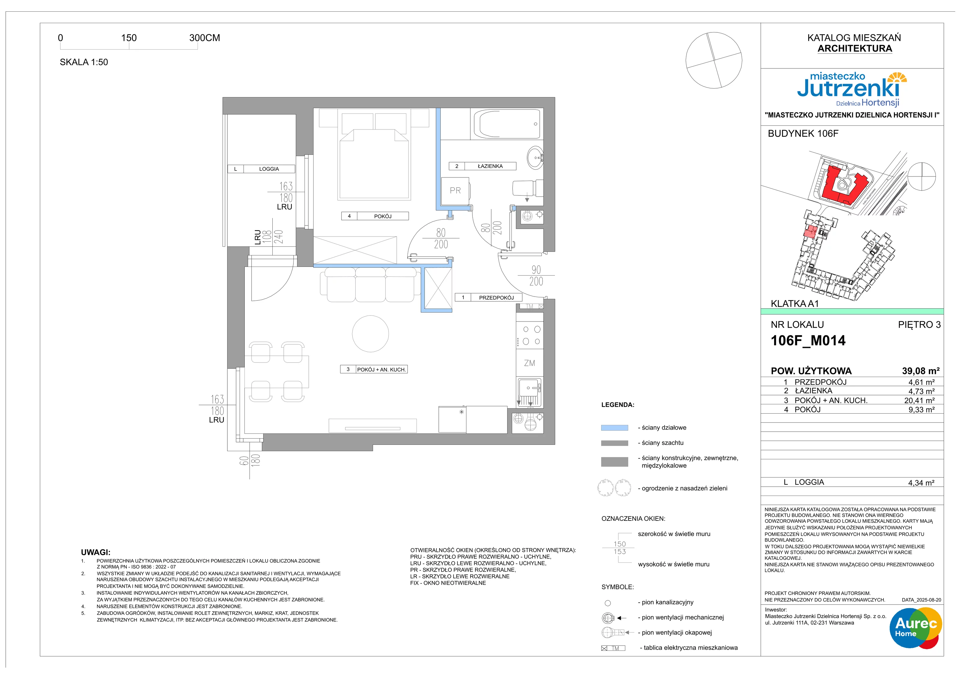 2 pokoje, mieszkanie 39,08 m², piętro 3, oferta nr 106F/M014, Miasteczko Jutrzenki Dzielnica Hortensji, Warszawa, Włochy, ul. Jutrzenki 106F