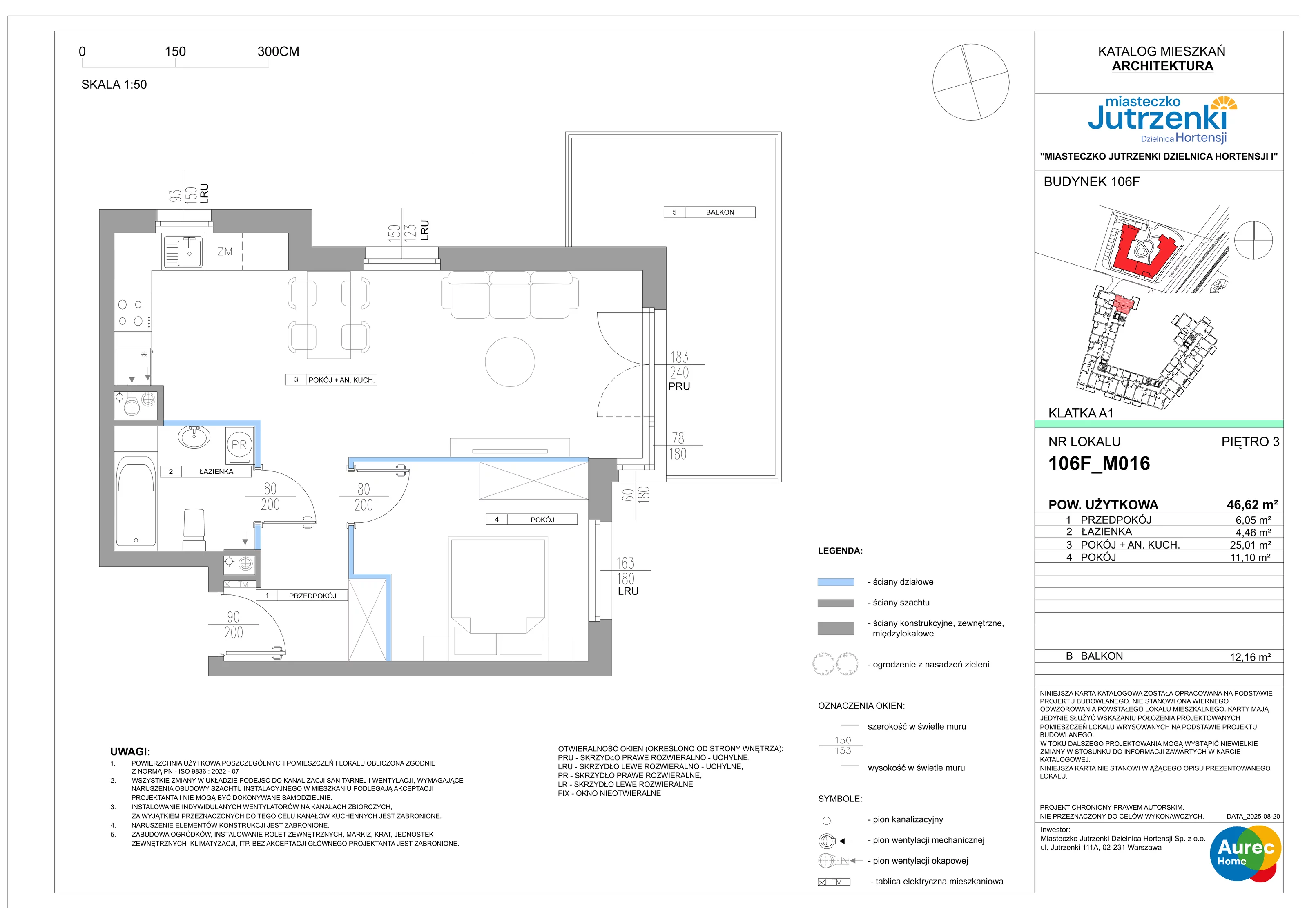 2 pokoje, mieszkanie 46,62 m², piętro 3, oferta nr 106F/M016, Miasteczko Jutrzenki Dzielnica Hortensji, Warszawa, Włochy, ul. Jutrzenki 106F