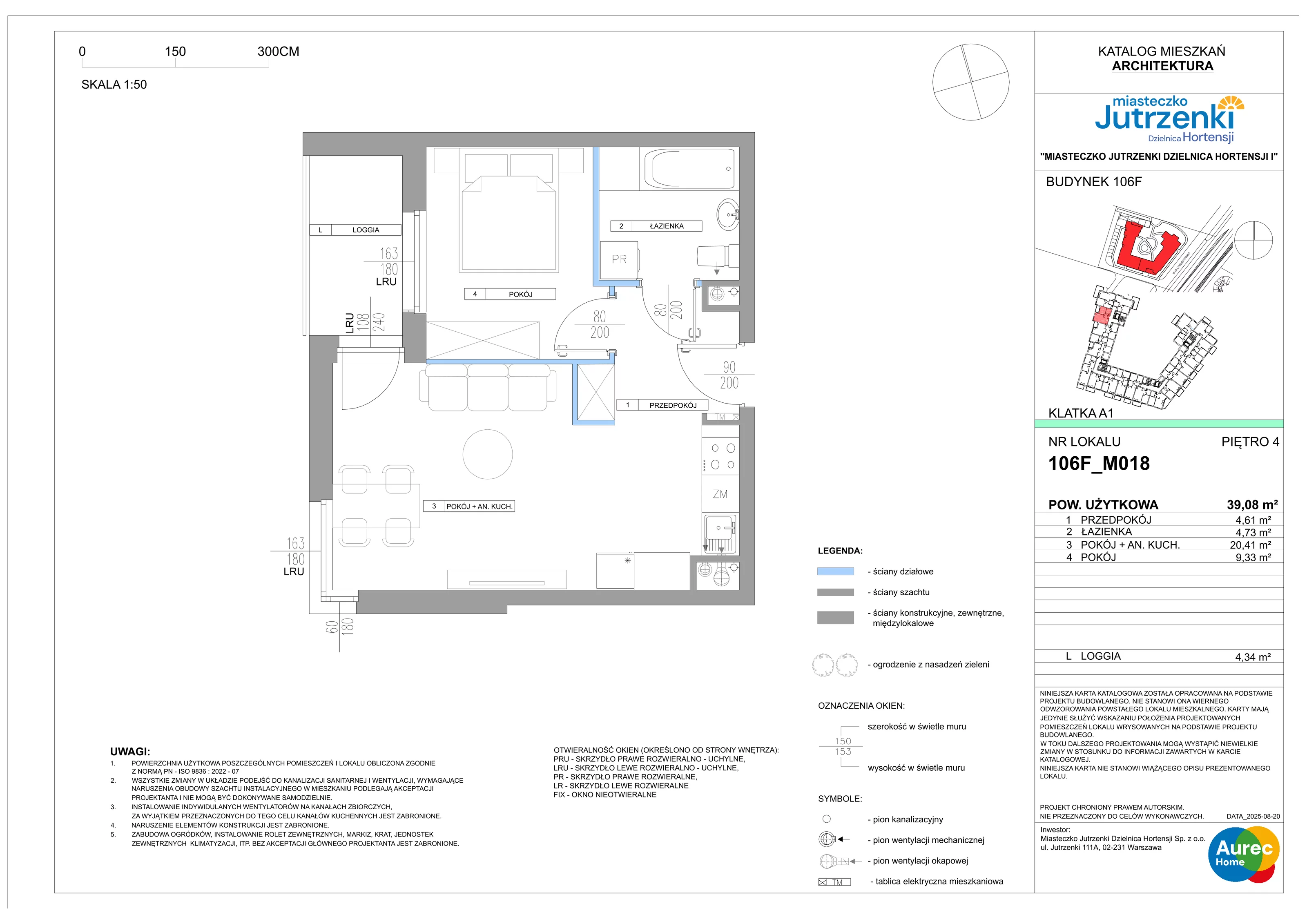 2 pokoje, mieszkanie 39,08 m², piętro 4, oferta nr 106F/M018, Miasteczko Jutrzenki Dzielnica Hortensji, Warszawa, Włochy, ul. Jutrzenki 106F