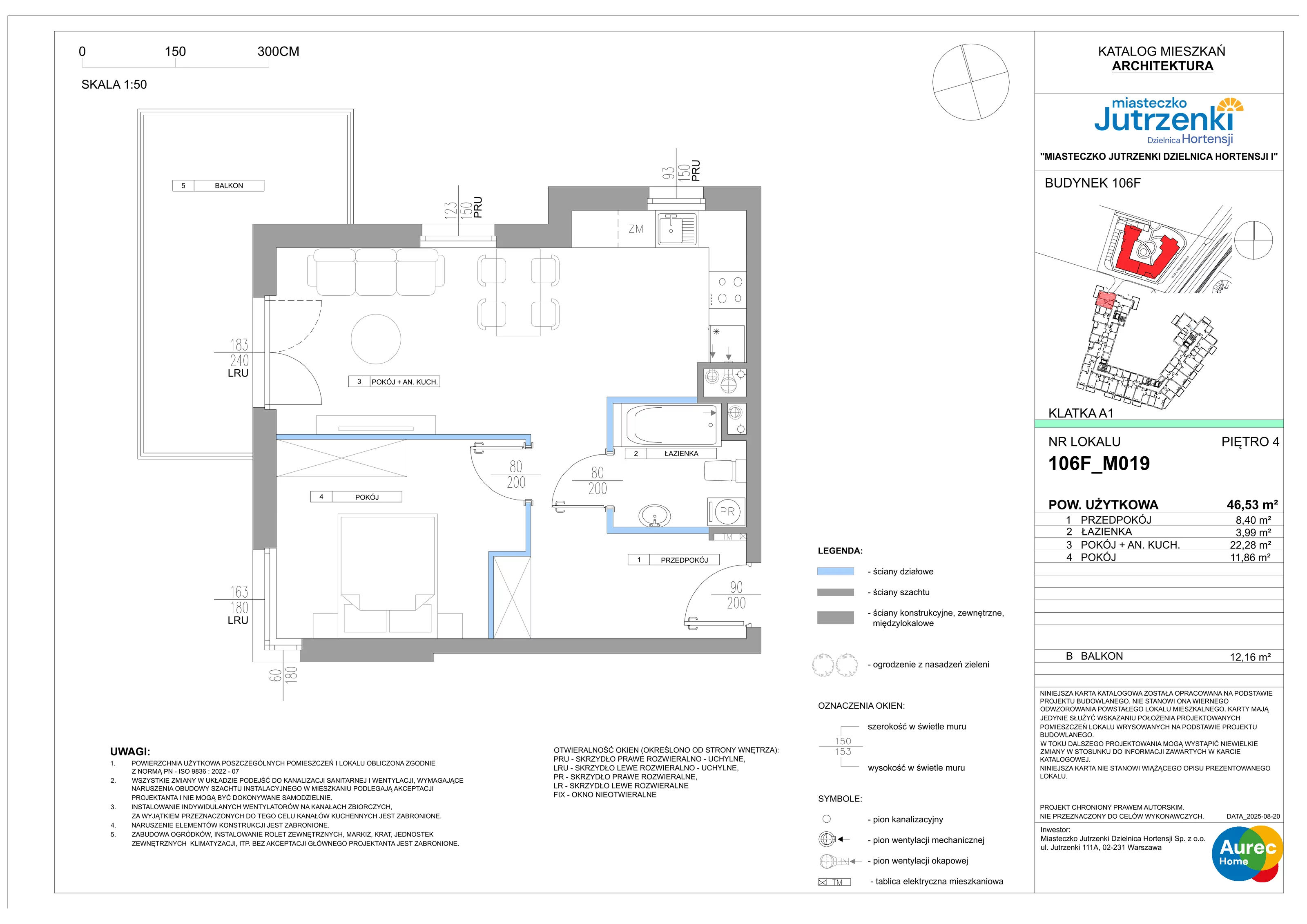 2 pokoje, mieszkanie 46,53 m², piętro 4, oferta nr 106F/M019, Miasteczko Jutrzenki Dzielnica Hortensji, Warszawa, Włochy, ul. Jutrzenki 106F