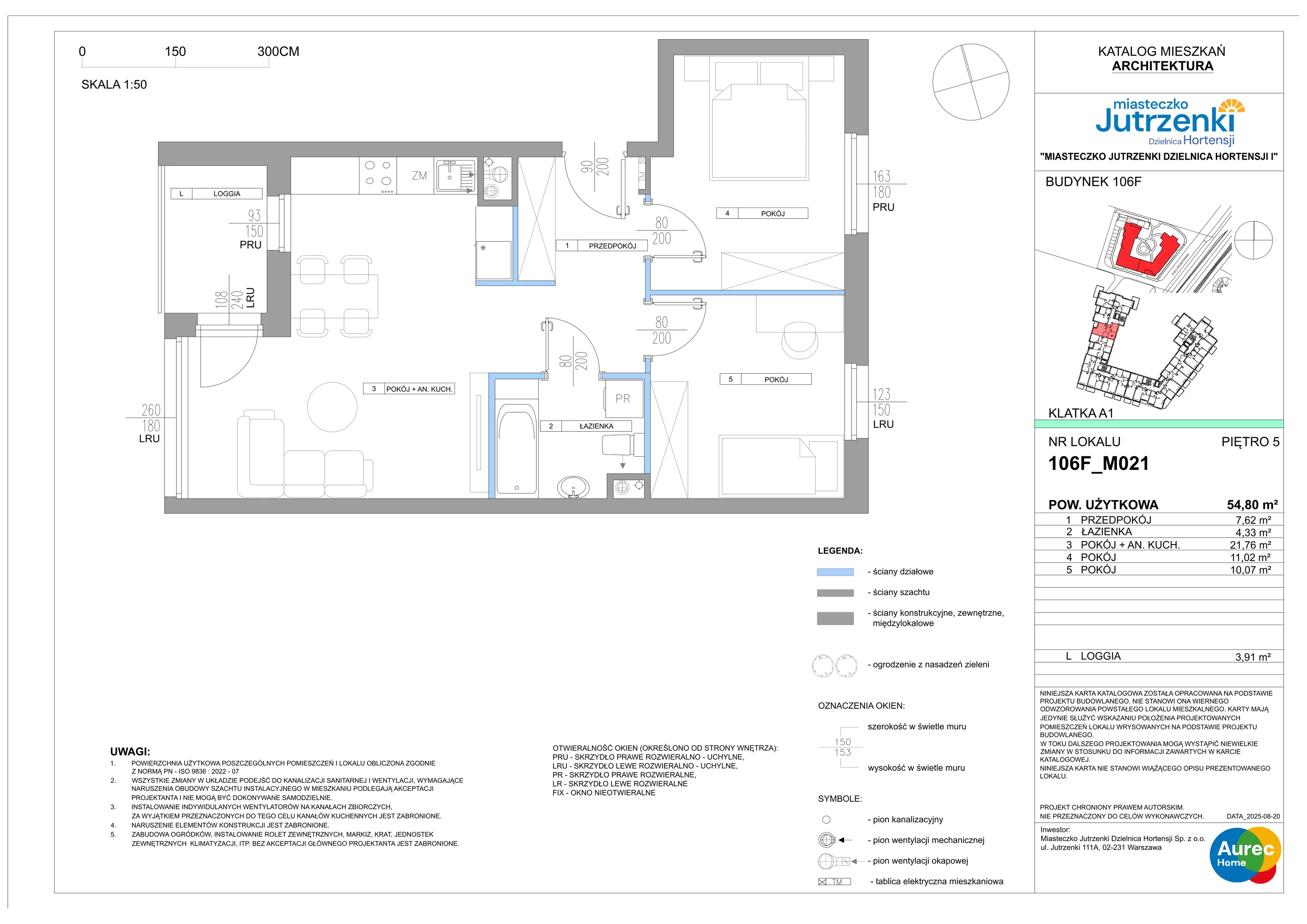 3 pokoje, mieszkanie 54,80 m², piętro 5, oferta nr 106F/M021, Miasteczko Jutrzenki Dzielnica Hortensji, Warszawa, Włochy, ul. Jutrzenki 106F