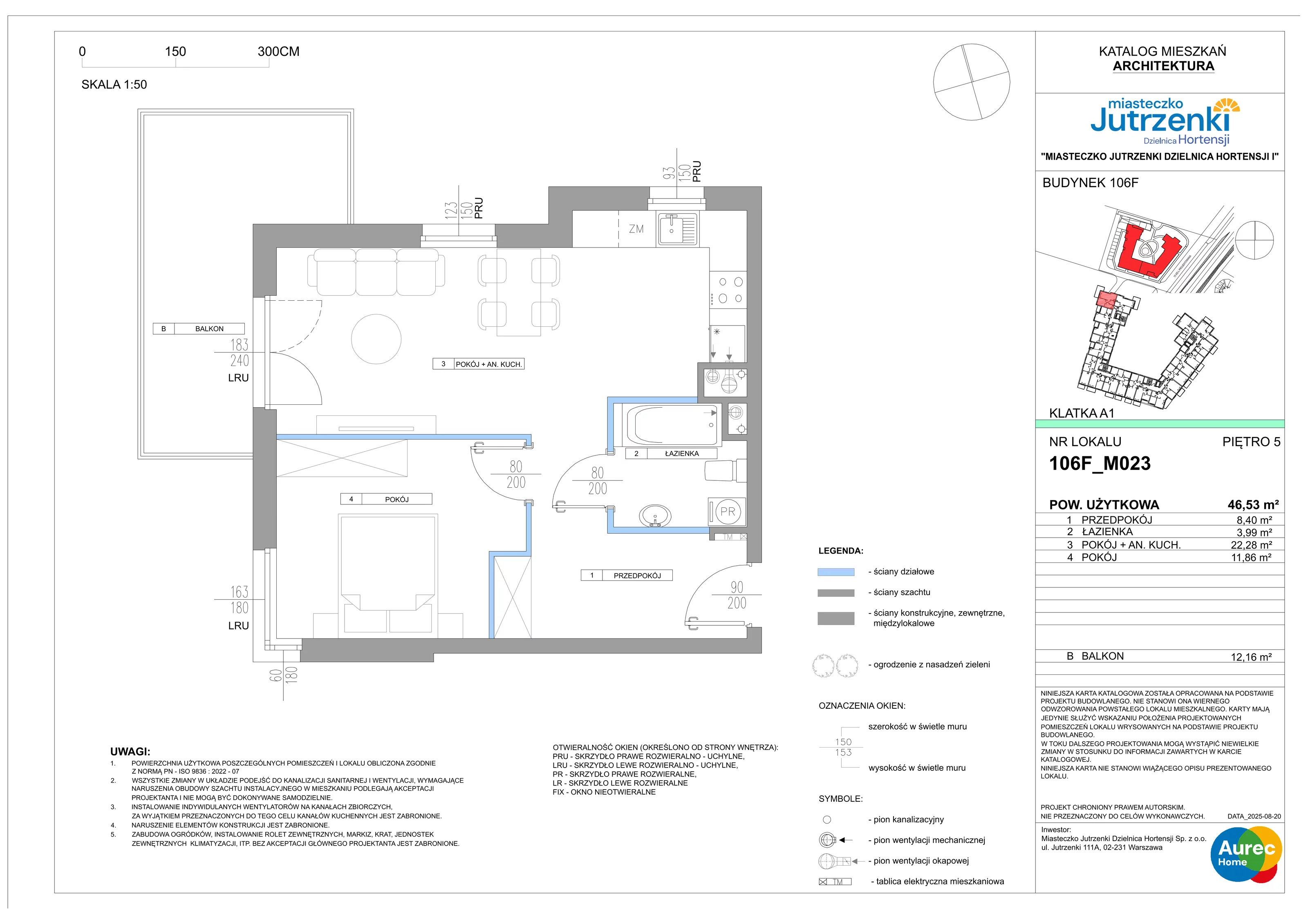 2 pokoje, mieszkanie 46,53 m², piętro 5, oferta nr 106F/M023, Miasteczko Jutrzenki Dzielnica Hortensji, Warszawa, Włochy, ul. Jutrzenki 106F