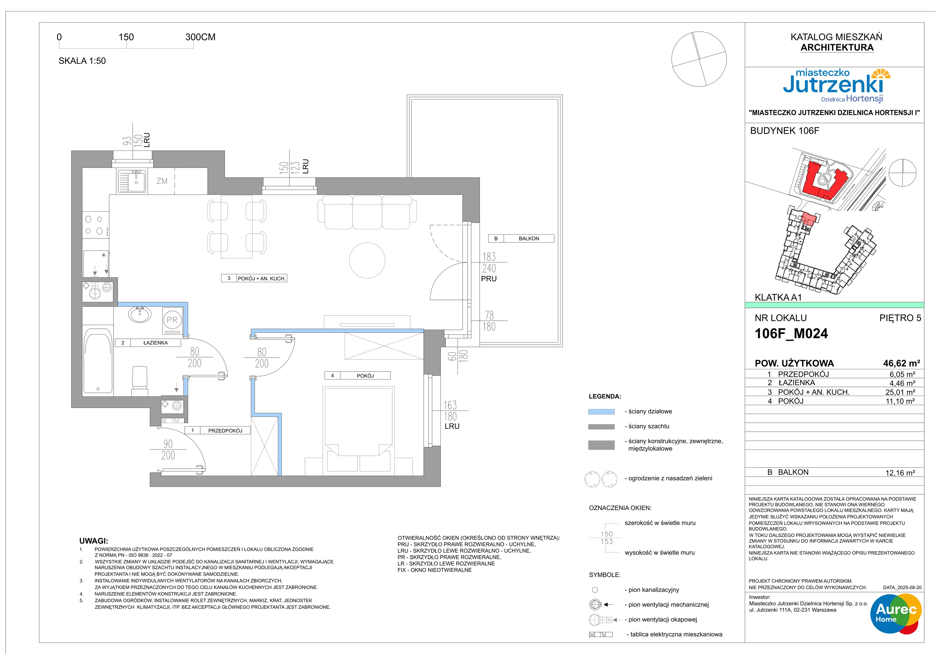 2 pokoje, mieszkanie 46,62 m², piętro 5, oferta nr 106F/M024, Miasteczko Jutrzenki Dzielnica Hortensji, Warszawa, Włochy, ul. Jutrzenki 106F