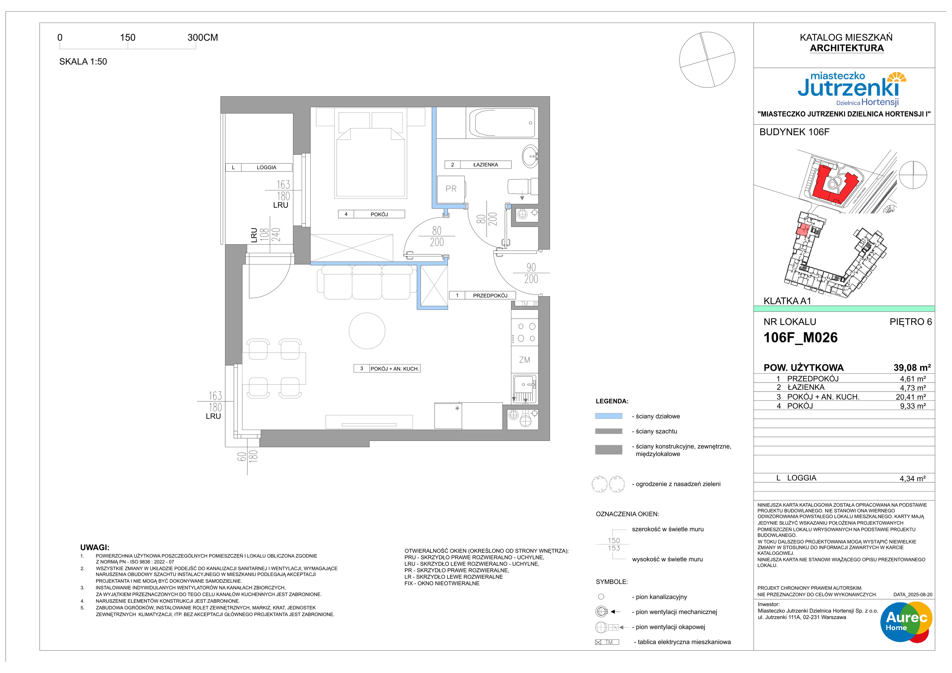 2 pokoje, mieszkanie 39,08 m², piętro 6, oferta nr 106F/M026, Miasteczko Jutrzenki Dzielnica Hortensji, Warszawa, Włochy, ul. Jutrzenki 106F