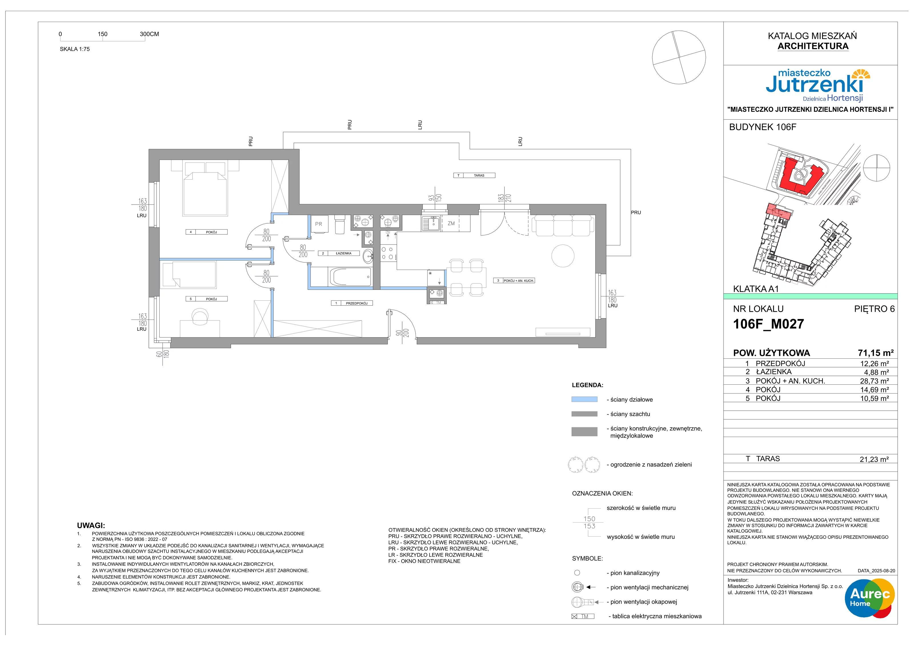 3 pokoje, mieszkanie 71,15 m², piętro 6, oferta nr 106F/M027, Miasteczko Jutrzenki Dzielnica Hortensji, Warszawa, Włochy, ul. Jutrzenki 106F