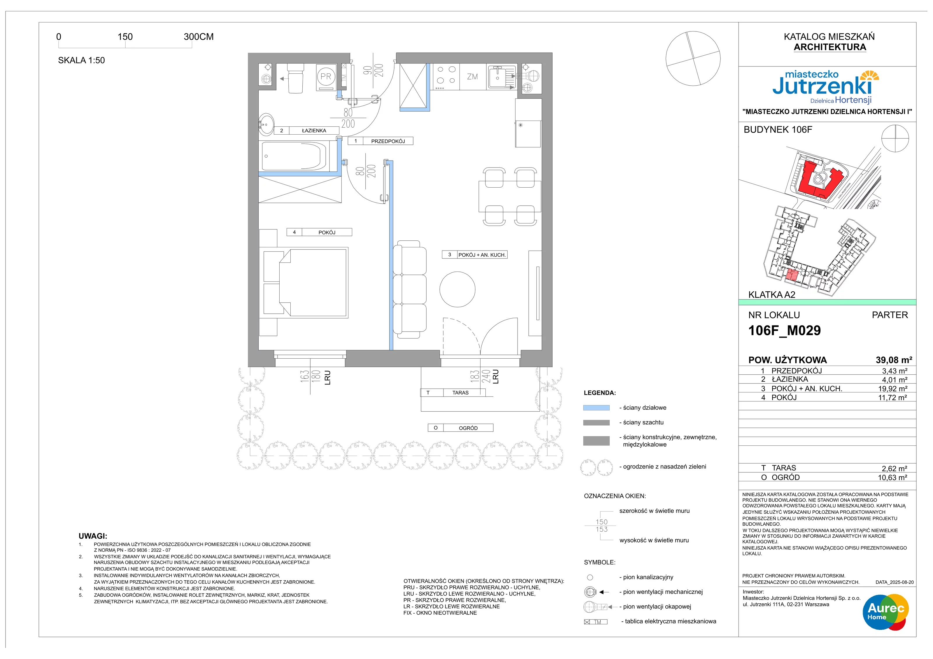 2 pokoje, mieszkanie 39,08 m², parter, oferta nr 106F/M029, Miasteczko Jutrzenki Dzielnica Hortensji, Warszawa, Włochy, ul. Jutrzenki 106F