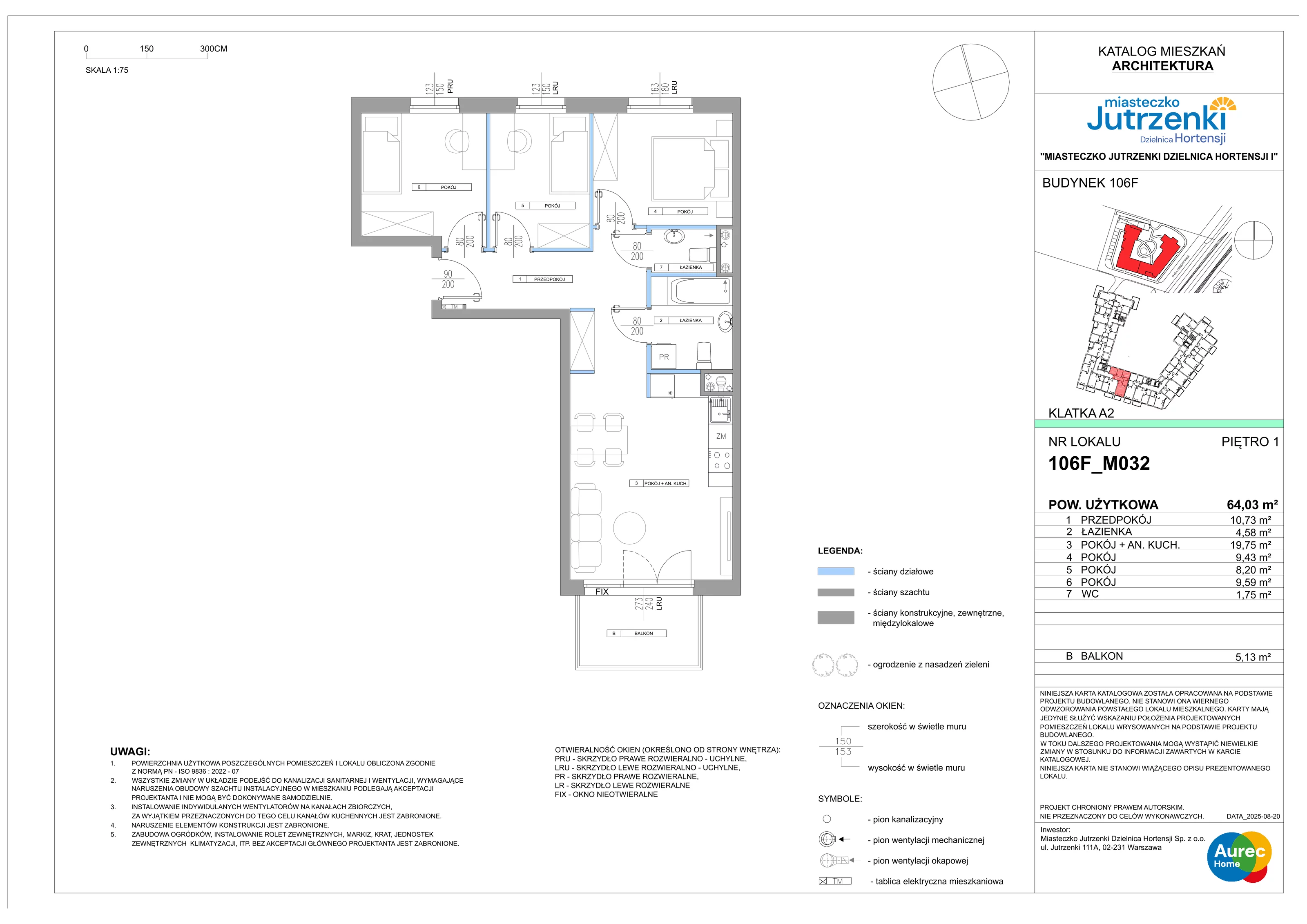 4 pokoje, mieszkanie 64,03 m², piętro 1, oferta nr 106F/M032, Miasteczko Jutrzenki Dzielnica Hortensji, Warszawa, Włochy, ul. Jutrzenki 106F