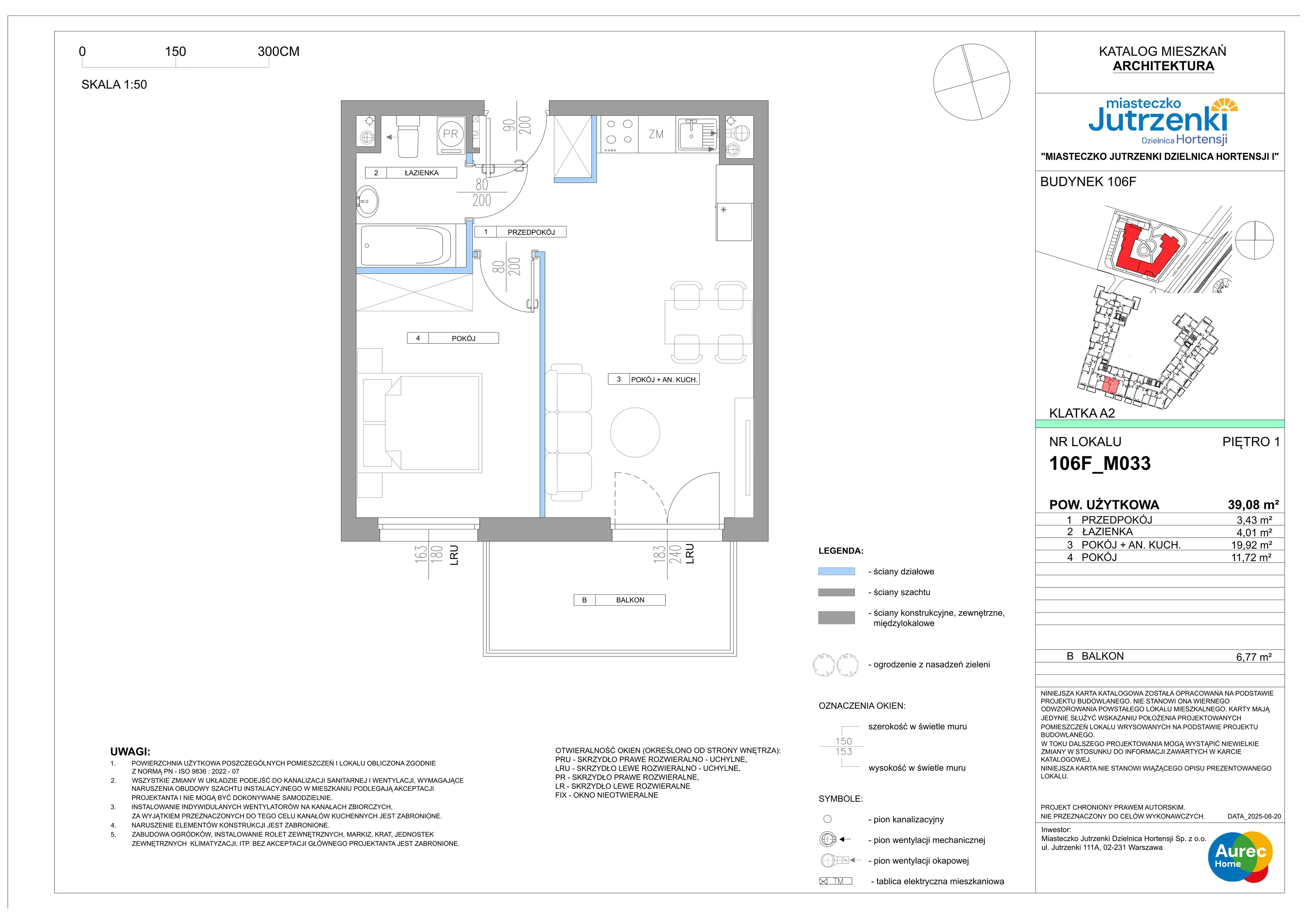 2 pokoje, mieszkanie 39,08 m², piętro 1, oferta nr 106F/M033, Miasteczko Jutrzenki Dzielnica Hortensji, Warszawa, Włochy, ul. Jutrzenki 106F
