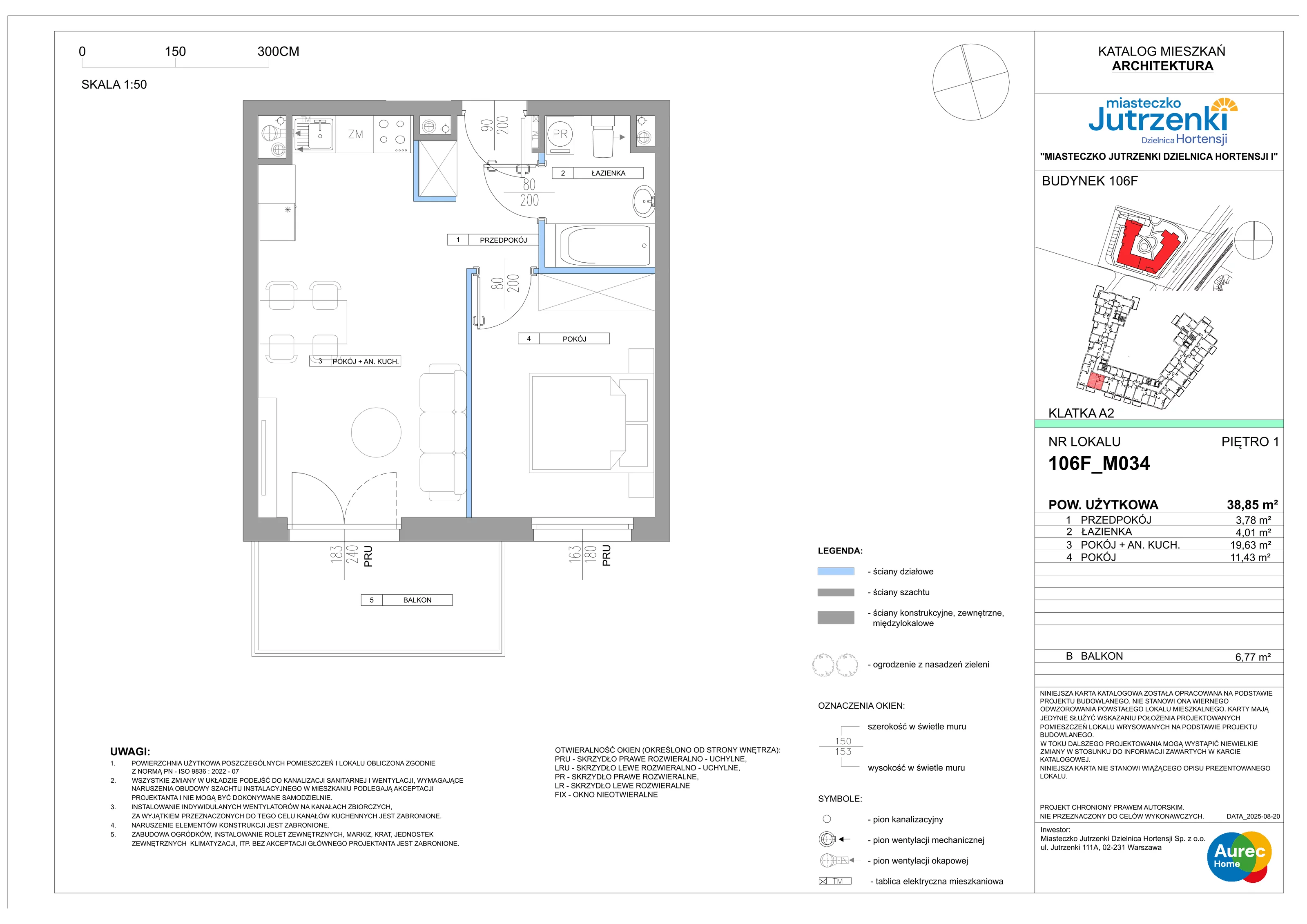 2 pokoje, mieszkanie 38,85 m², piętro 1, oferta nr 106F/M034, Miasteczko Jutrzenki Dzielnica Hortensji, Warszawa, Włochy, ul. Jutrzenki 106F