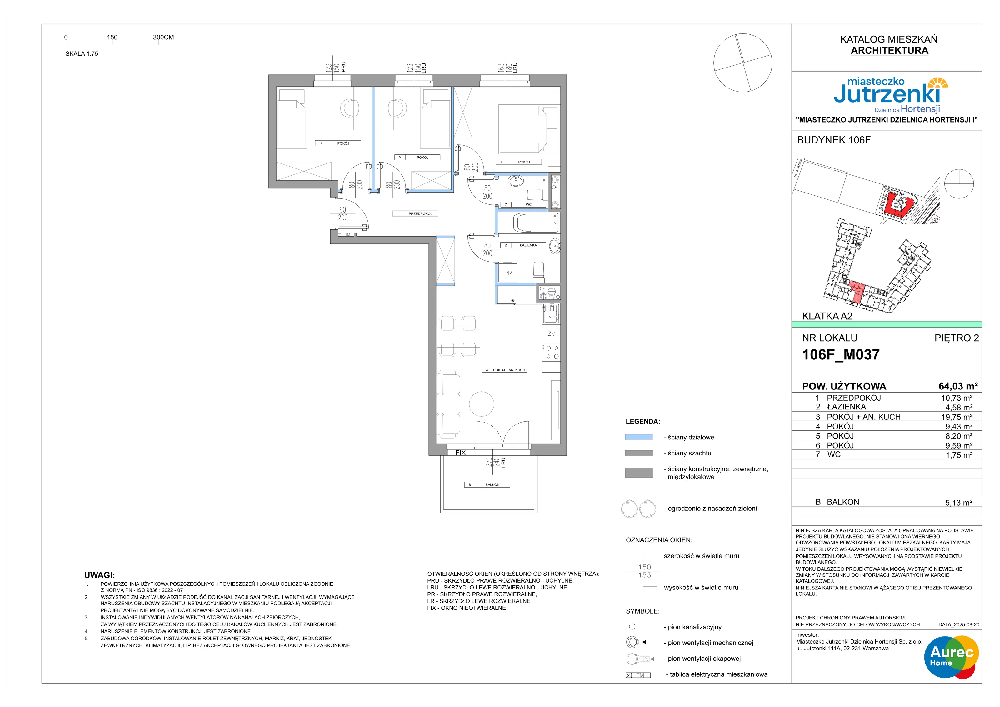 4 pokoje, mieszkanie 64,03 m², piętro 2, oferta nr 106F/M037, Miasteczko Jutrzenki Dzielnica Hortensji, Warszawa, Włochy, ul. Jutrzenki 106F