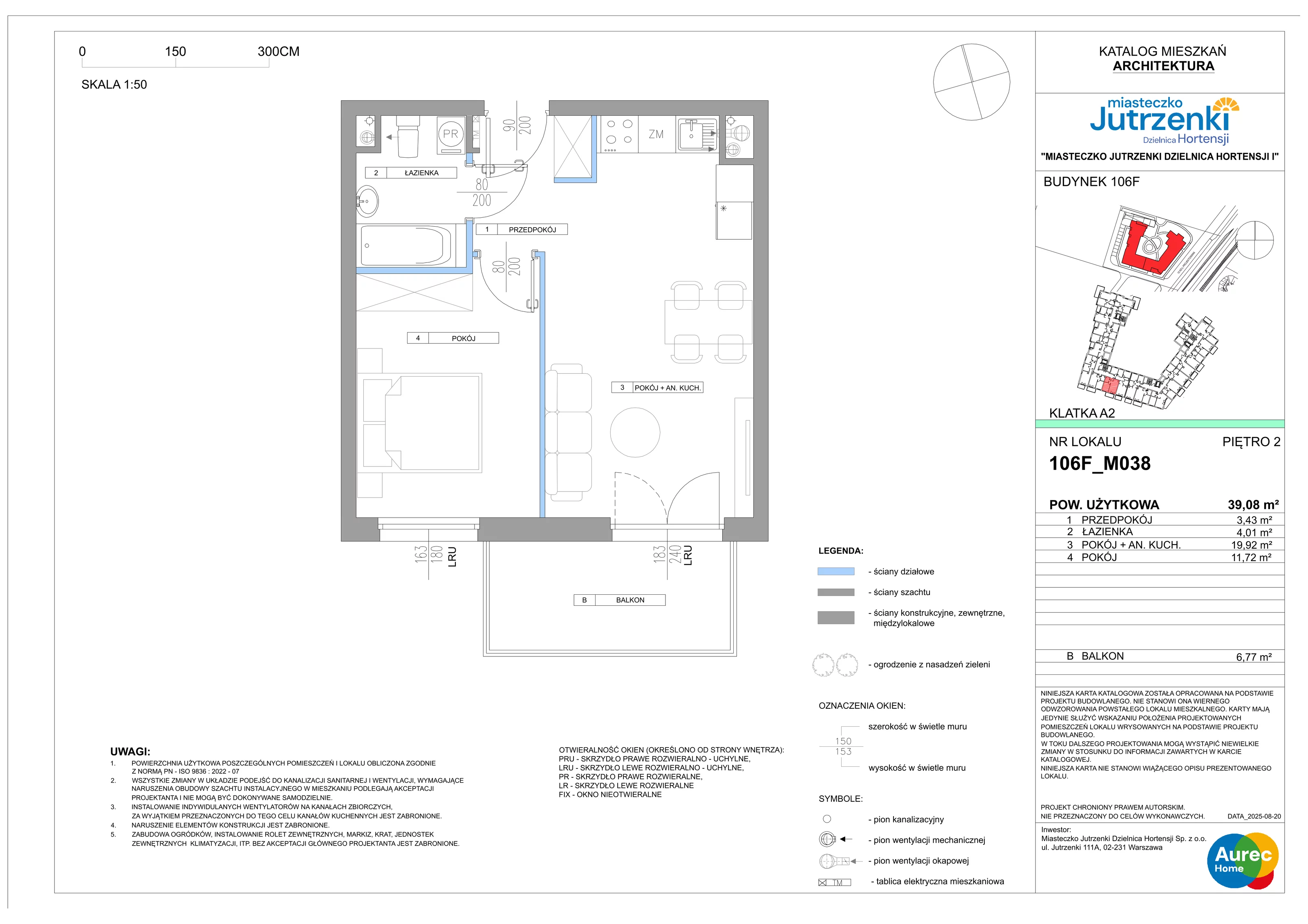 2 pokoje, mieszkanie 39,08 m², piętro 2, oferta nr 106F/M038, Miasteczko Jutrzenki Dzielnica Hortensji, Warszawa, Włochy, ul. Jutrzenki 106F