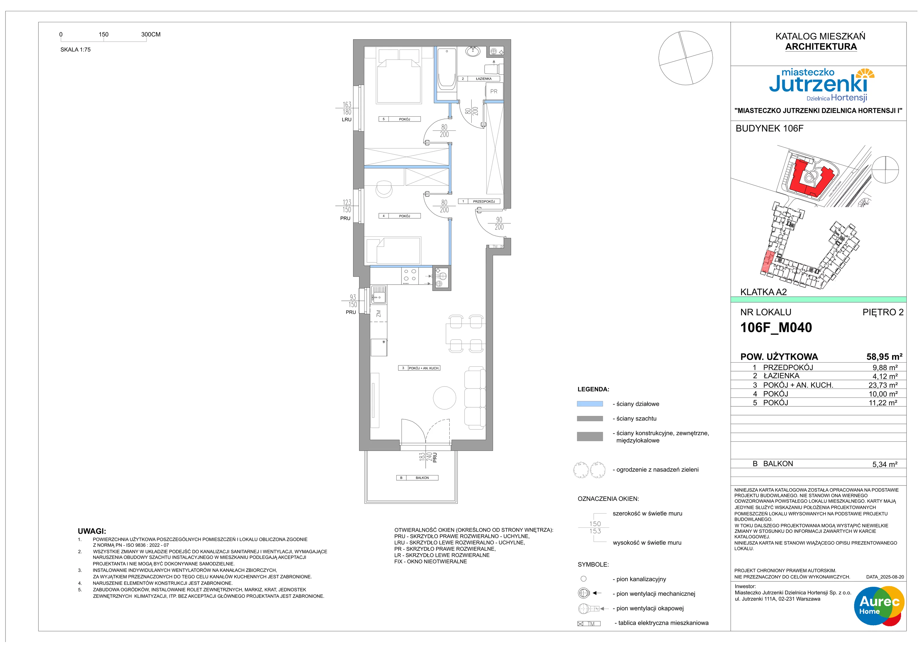 3 pokoje, mieszkanie 58,95 m², piętro 2, oferta nr 106F/M040, Miasteczko Jutrzenki Dzielnica Hortensji, Warszawa, Włochy, ul. Jutrzenki 106F