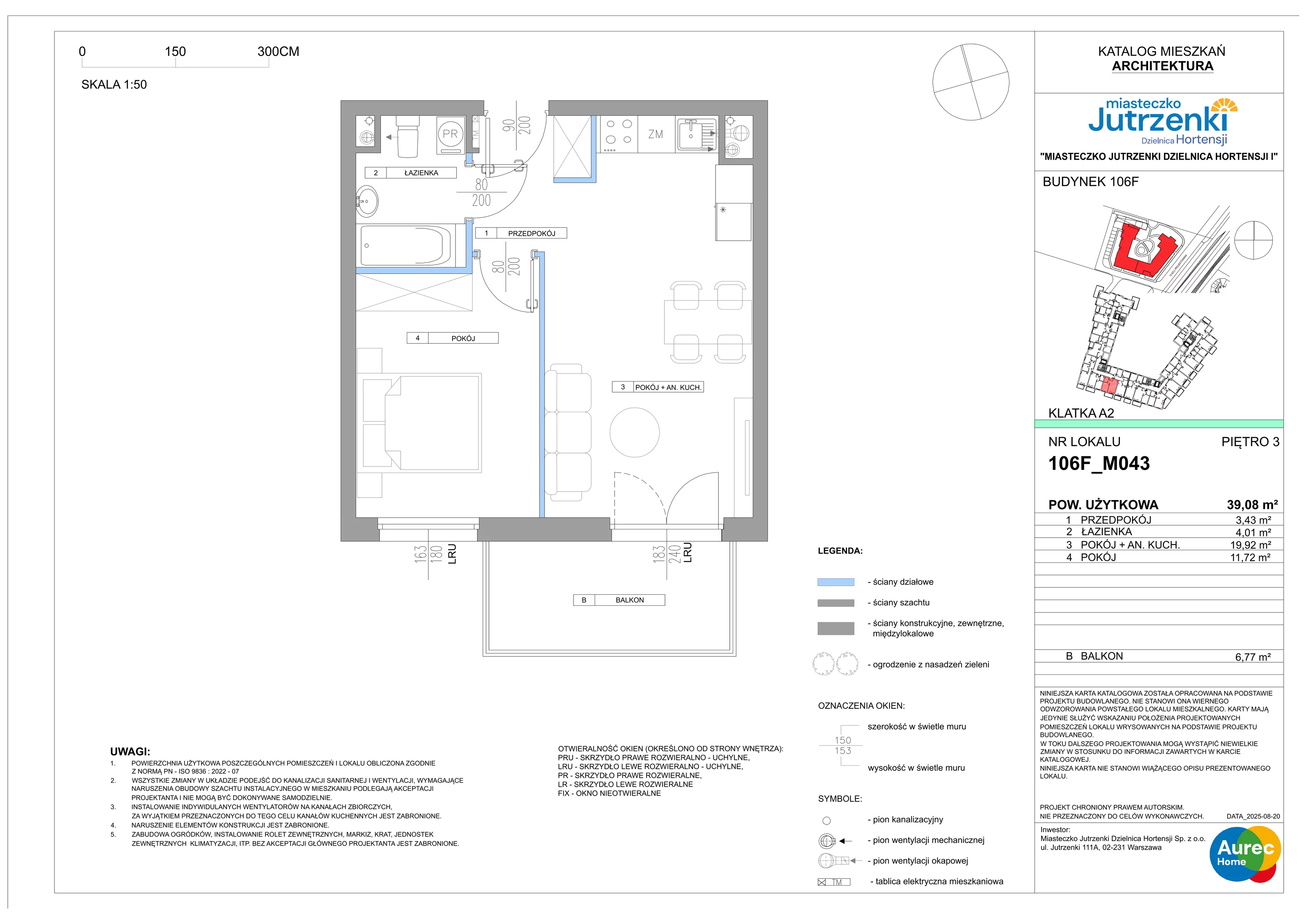 2 pokoje, mieszkanie 39,08 m², piętro 3, oferta nr 106F/M043, Miasteczko Jutrzenki Dzielnica Hortensji, Warszawa, Włochy, ul. Jutrzenki 106F
