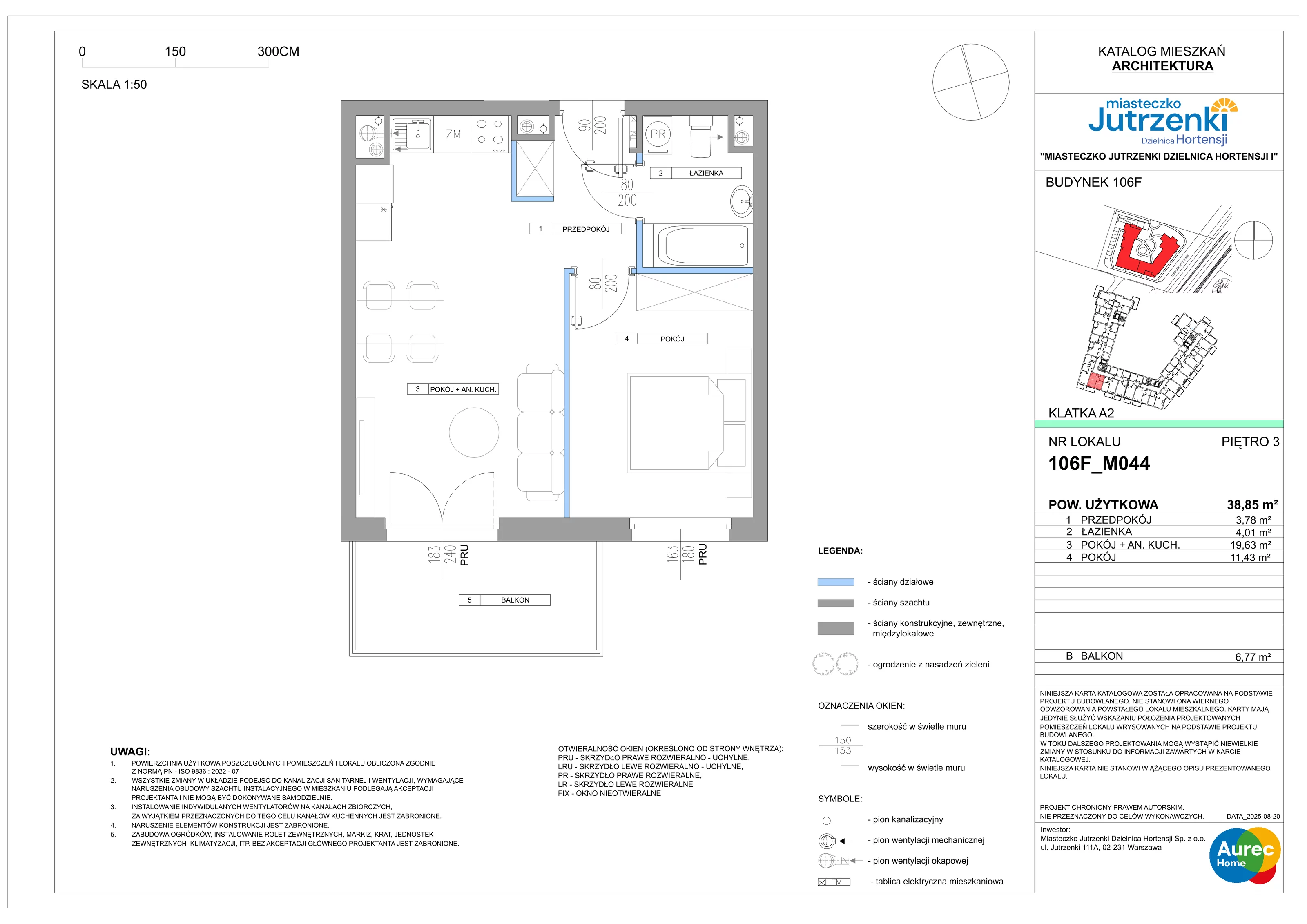 2 pokoje, mieszkanie 38,85 m², piętro 3, oferta nr 106F/M044, Miasteczko Jutrzenki Dzielnica Hortensji, Warszawa, Włochy, ul. Jutrzenki 106F