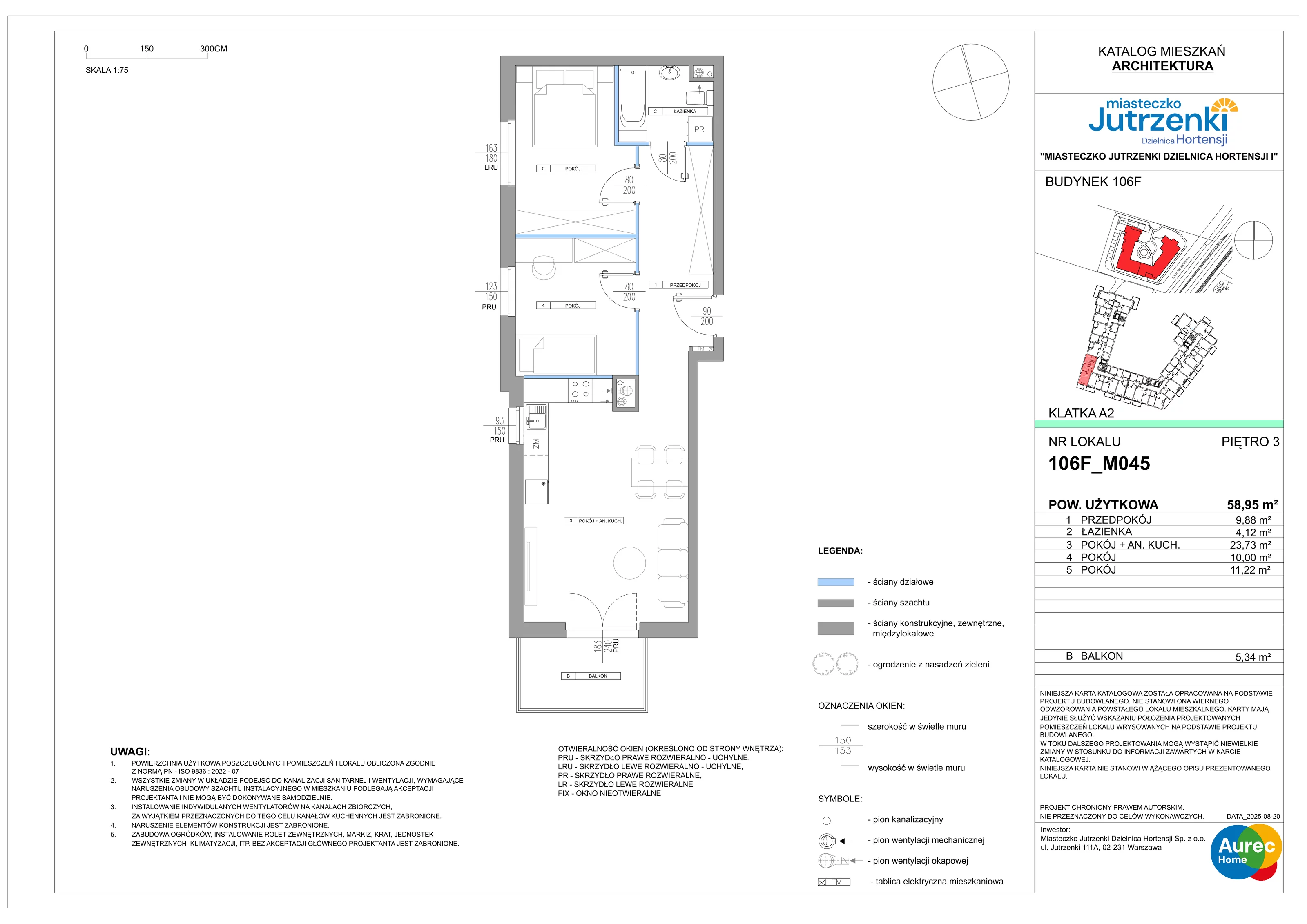 3 pokoje, mieszkanie 58,95 m², piętro 3, oferta nr 106F/M045, Miasteczko Jutrzenki Dzielnica Hortensji, Warszawa, Włochy, ul. Jutrzenki 106F