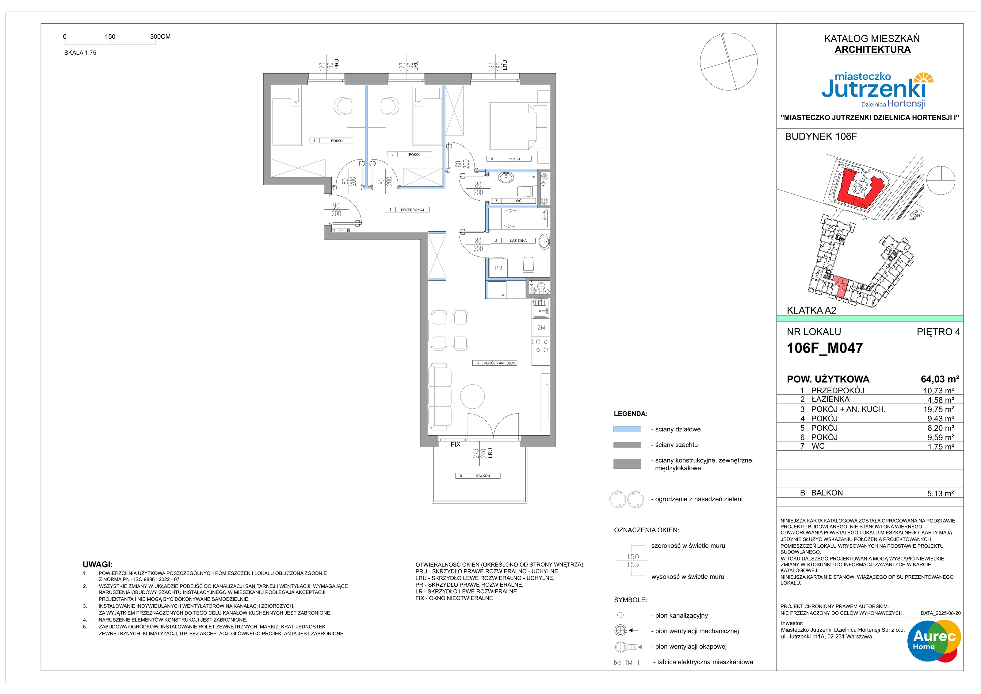 4 pokoje, mieszkanie 64,03 m², piętro 4, oferta nr 106F/M047, Miasteczko Jutrzenki Dzielnica Hortensji, Warszawa, Włochy, ul. Jutrzenki 106F