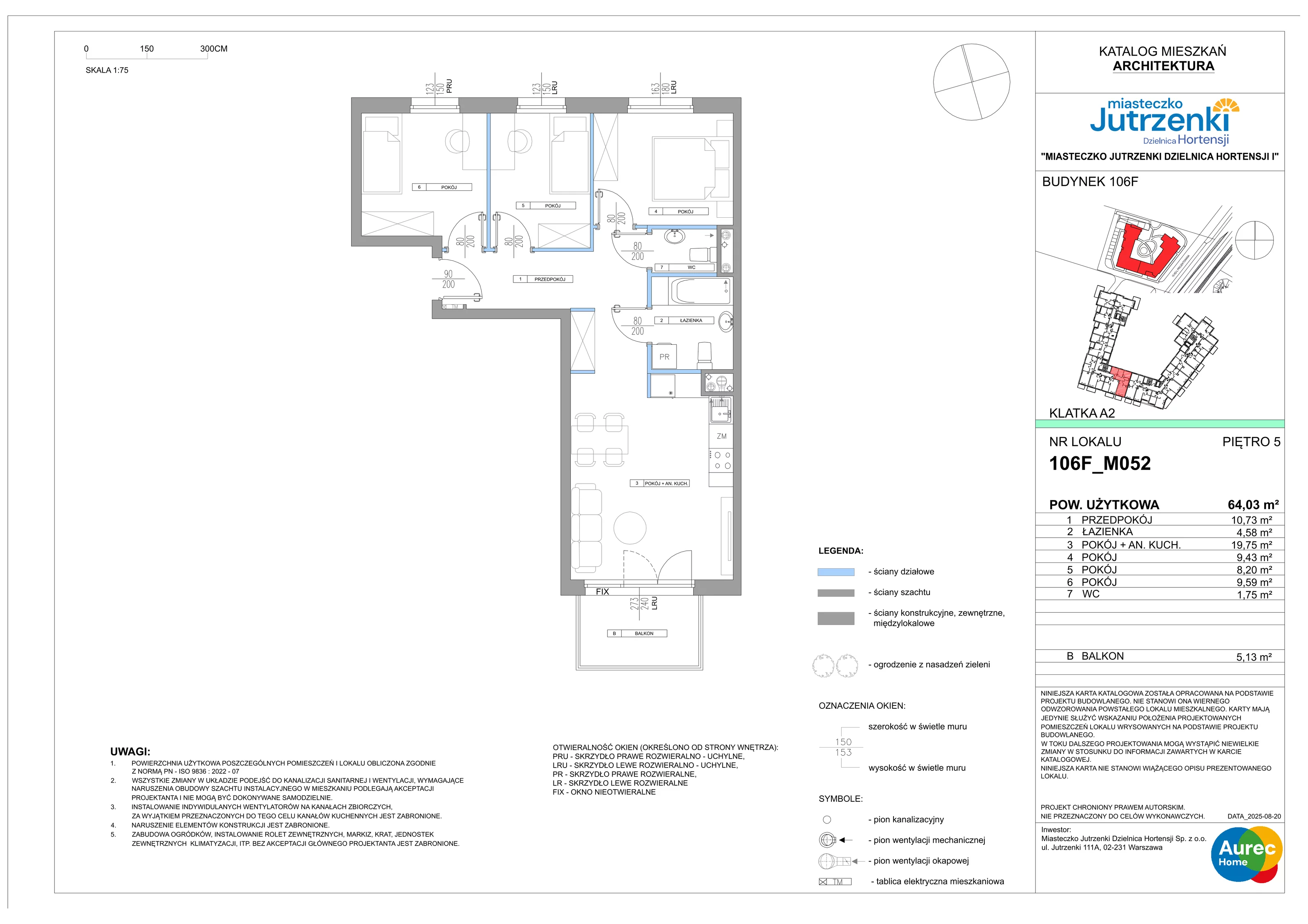 4 pokoje, mieszkanie 64,03 m², piętro 5, oferta nr 106F/M052, Miasteczko Jutrzenki Dzielnica Hortensji, Warszawa, Włochy, ul. Jutrzenki 106F