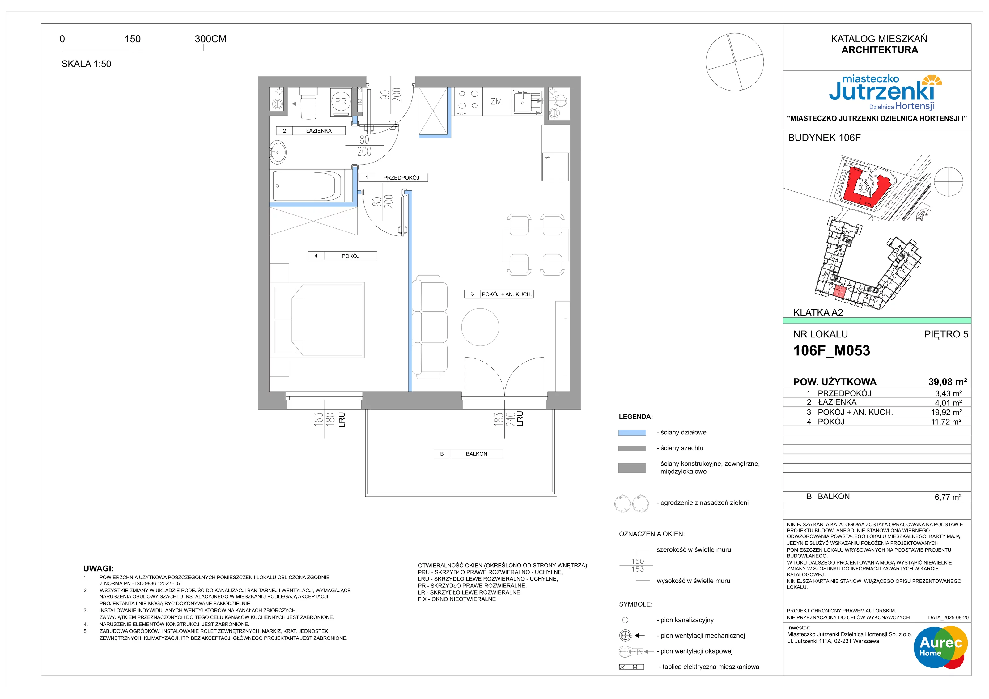 2 pokoje, mieszkanie 39,08 m², piętro 5, oferta nr 106F/M053, Miasteczko Jutrzenki Dzielnica Hortensji, Warszawa, Włochy, ul. Jutrzenki 106F