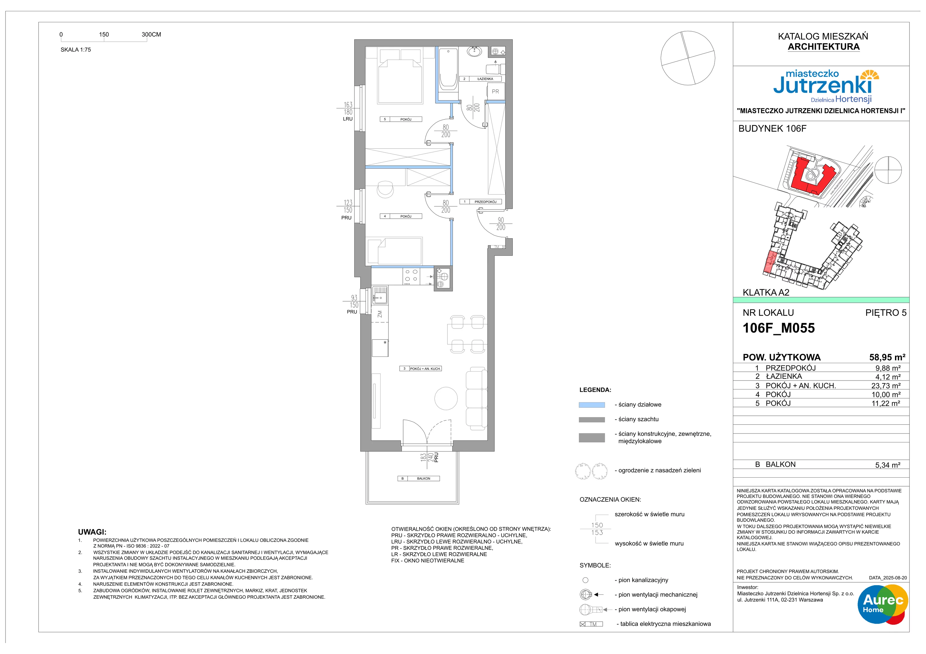 3 pokoje, mieszkanie 58,95 m², piętro 5, oferta nr 106F/M055, Miasteczko Jutrzenki Dzielnica Hortensji, Warszawa, Włochy, ul. Jutrzenki 106F