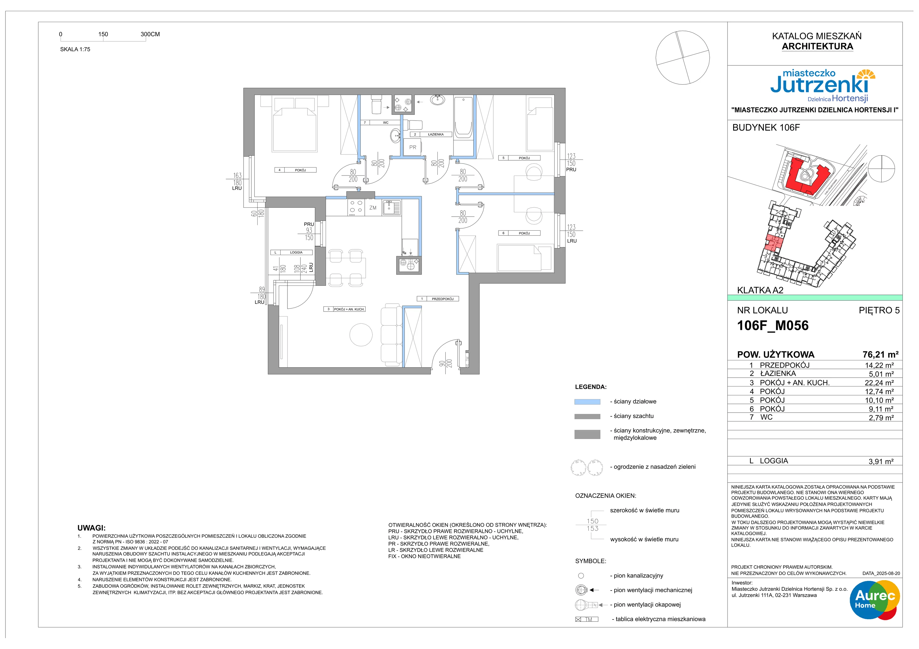 4 pokoje, mieszkanie 76,21 m², piętro 5, oferta nr 106F/M056, Miasteczko Jutrzenki Dzielnica Hortensji, Warszawa, Włochy, ul. Jutrzenki 106F