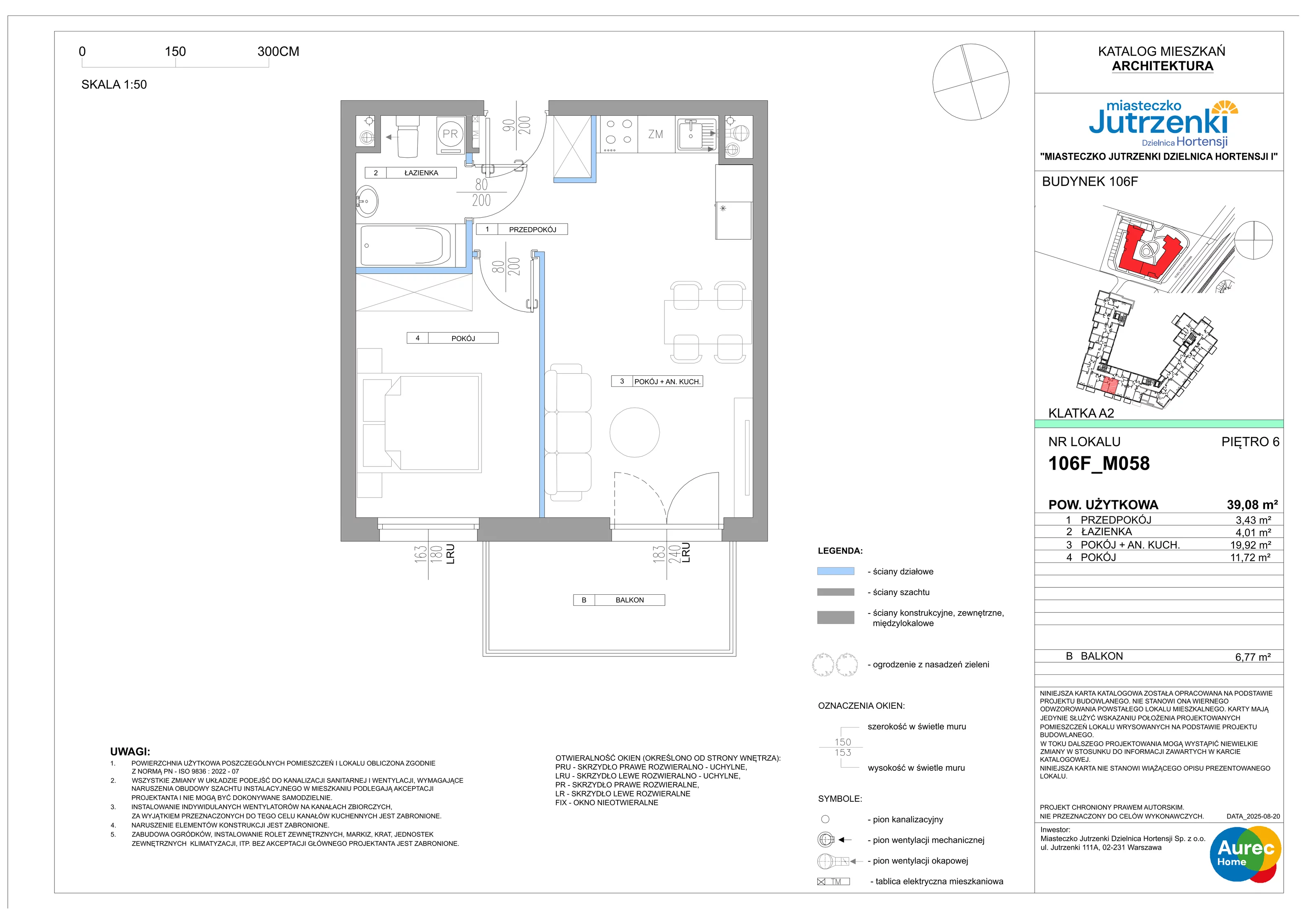 2 pokoje, mieszkanie 39,08 m², piętro 6, oferta nr 106F/M058, Miasteczko Jutrzenki Dzielnica Hortensji, Warszawa, Włochy, ul. Jutrzenki 106F
