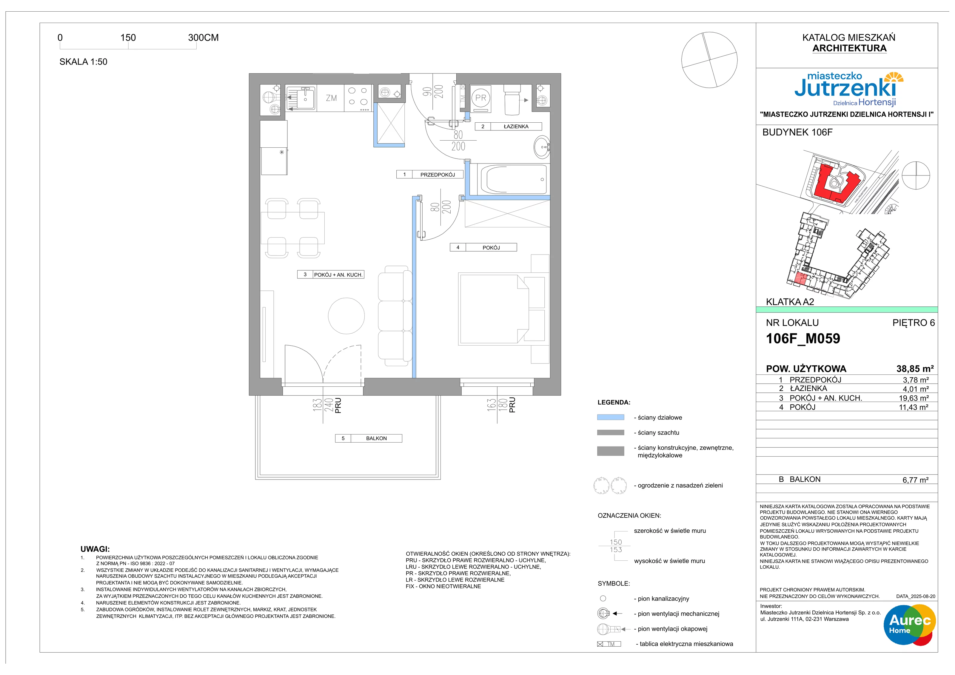 2 pokoje, mieszkanie 38,85 m², piętro 6, oferta nr 106F/M059, Miasteczko Jutrzenki Dzielnica Hortensji, Warszawa, Włochy, ul. Jutrzenki 106F