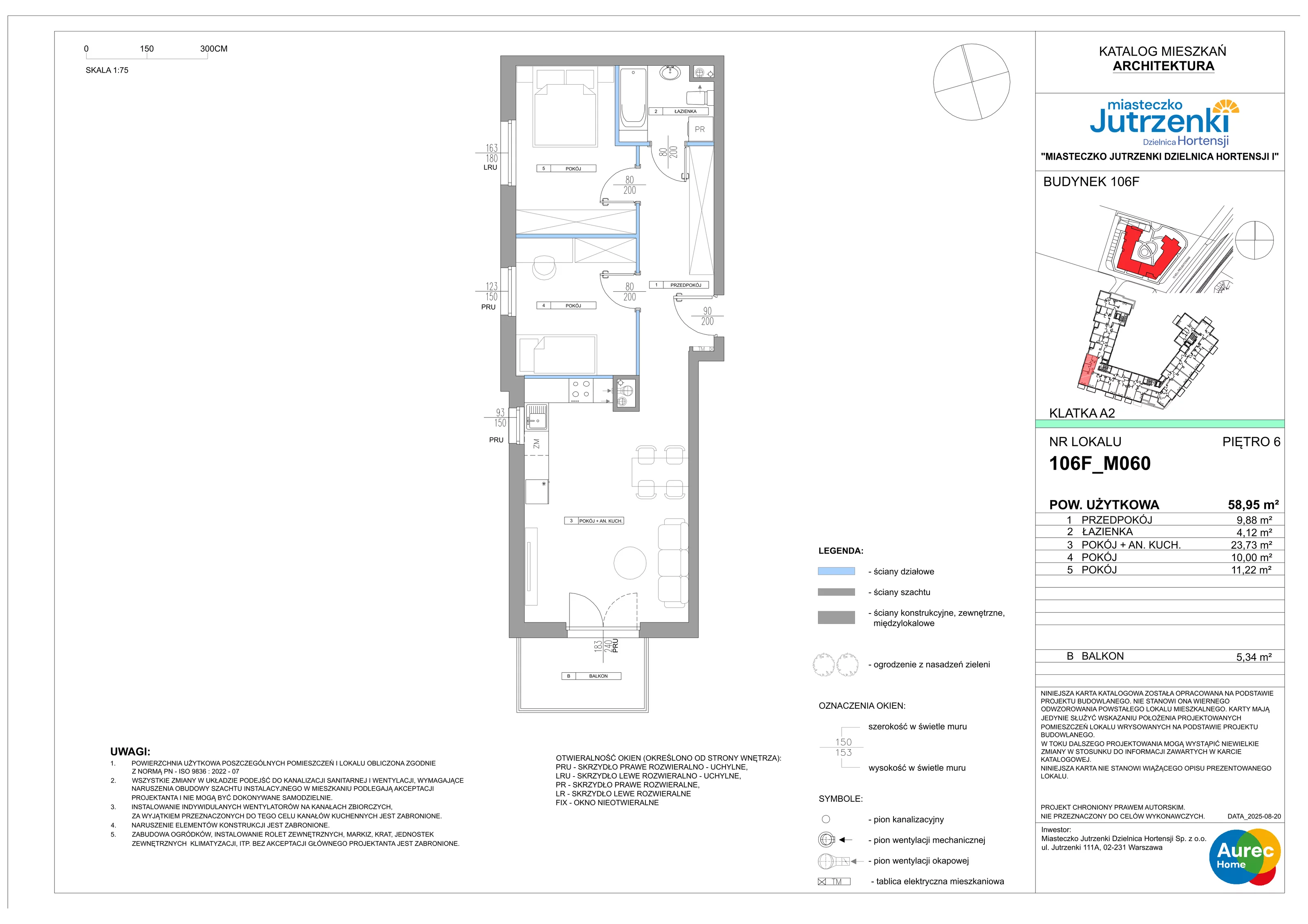 3 pokoje, mieszkanie 58,95 m², piętro 6, oferta nr 106F/M060, Miasteczko Jutrzenki Dzielnica Hortensji, Warszawa, Włochy, ul. Jutrzenki 106F