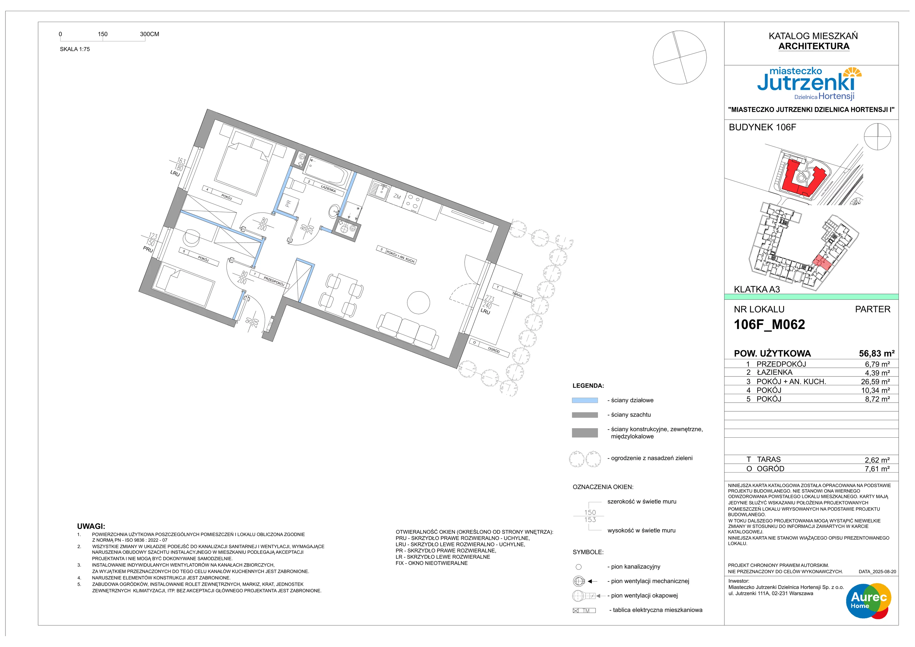 3 pokoje, mieszkanie 56,83 m², parter, oferta nr 106F/M062, Miasteczko Jutrzenki Dzielnica Hortensji, Warszawa, Włochy, ul. Jutrzenki 106F