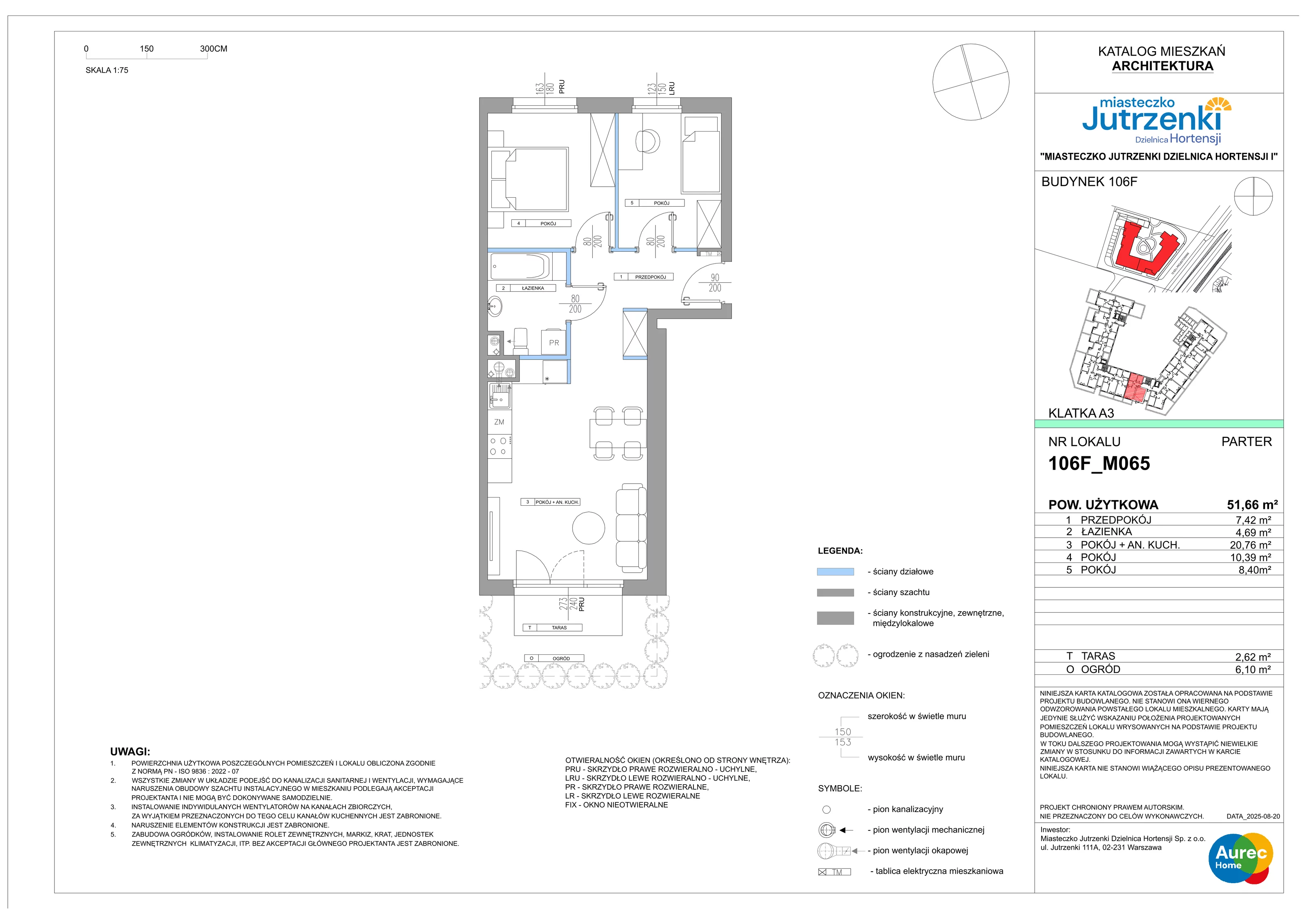 3 pokoje, mieszkanie 51,66 m², parter, oferta nr 106F/M065, Miasteczko Jutrzenki Dzielnica Hortensji, Warszawa, Włochy, ul. Jutrzenki 106F