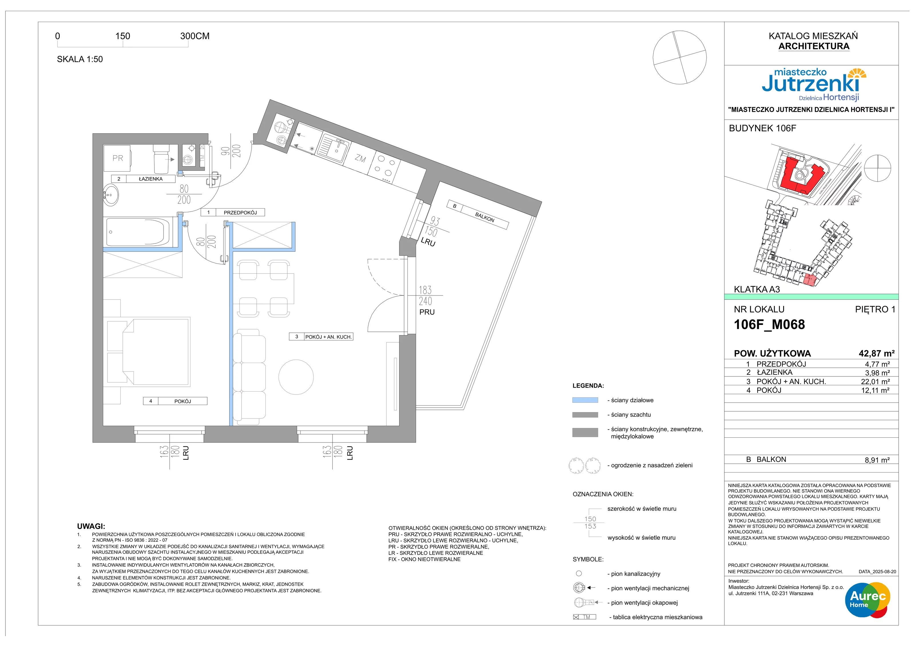 2 pokoje, mieszkanie 42,87 m², piętro 1, oferta nr 106F/M068, Miasteczko Jutrzenki Dzielnica Hortensji, Warszawa, Włochy, ul. Jutrzenki 106F