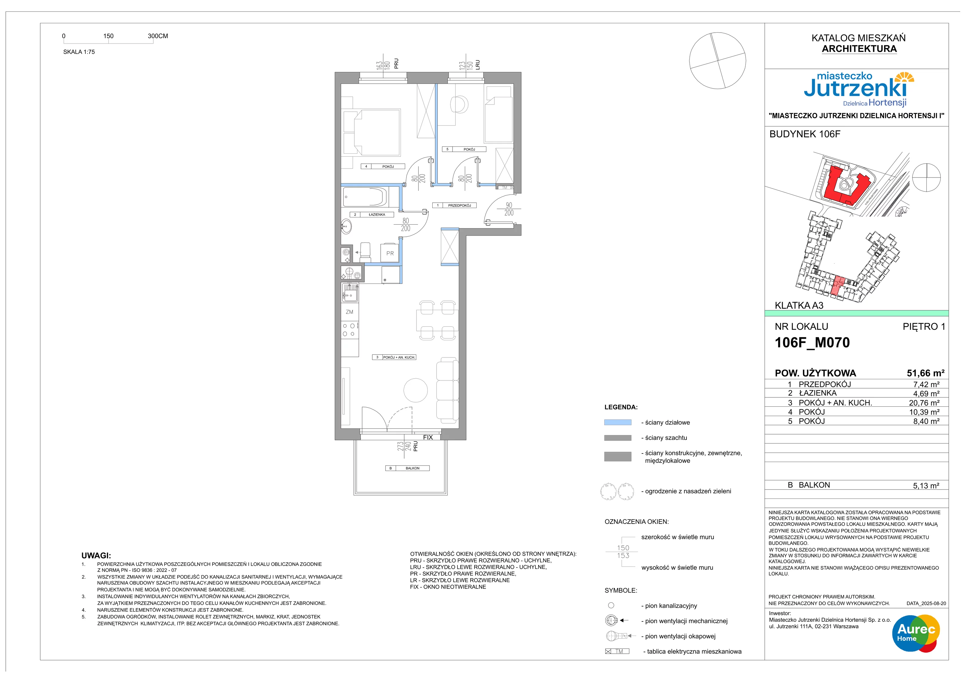 3 pokoje, mieszkanie 51,66 m², piętro 1, oferta nr 106F/M070, Miasteczko Jutrzenki Dzielnica Hortensji, Warszawa, Włochy, ul. Jutrzenki 106F