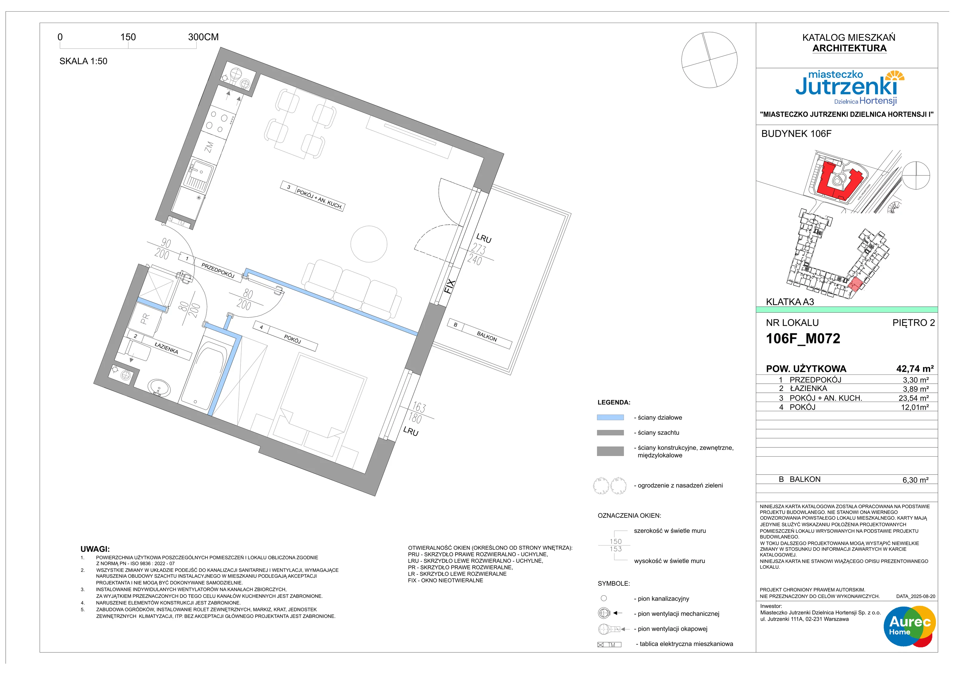 2 pokoje, mieszkanie 42,74 m², piętro 2, oferta nr 106F/M072, Miasteczko Jutrzenki Dzielnica Hortensji, Warszawa, Włochy, ul. Jutrzenki 106F