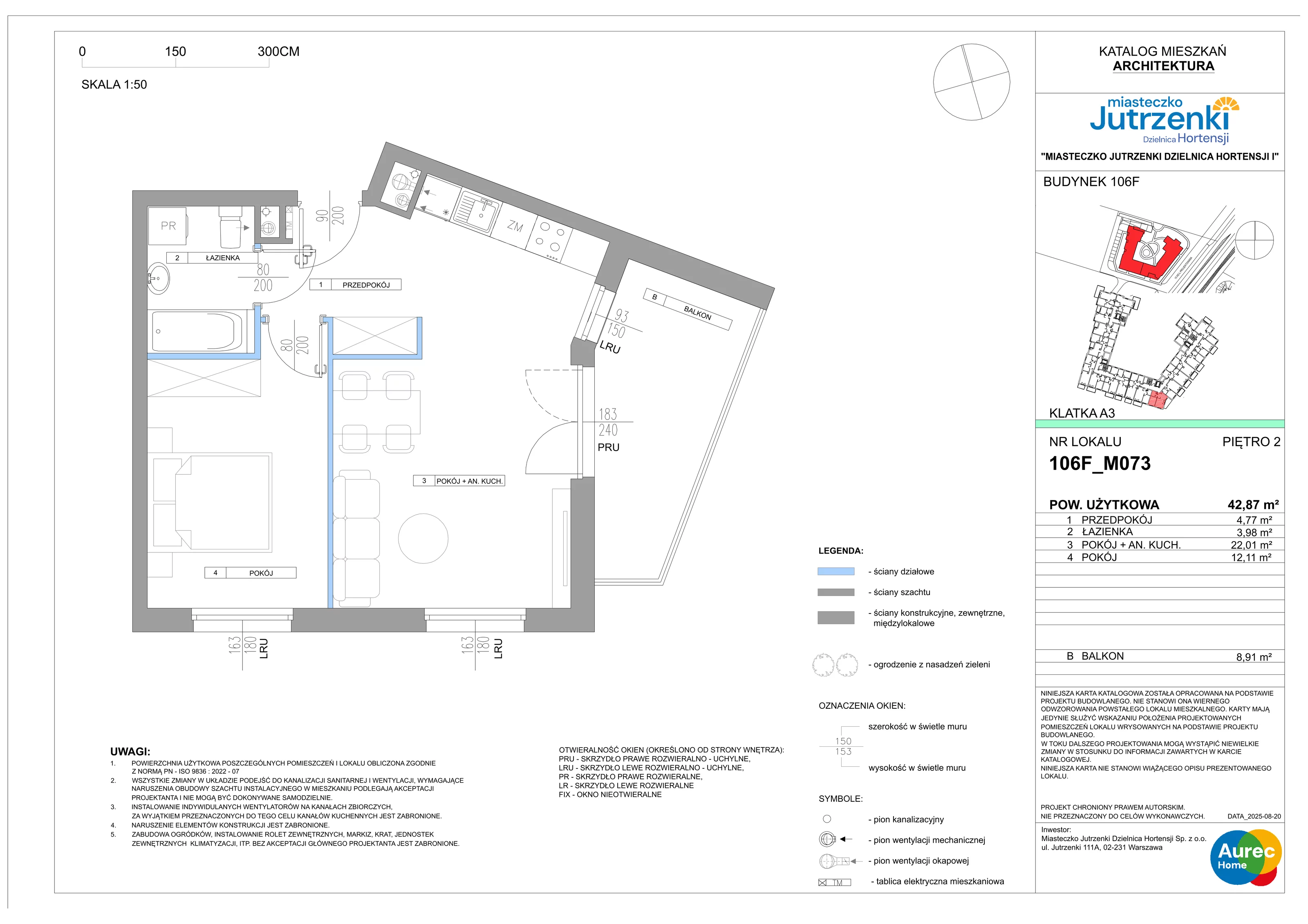 2 pokoje, mieszkanie 42,87 m², piętro 2, oferta nr 106F/M073, Miasteczko Jutrzenki Dzielnica Hortensji, Warszawa, Włochy, ul. Jutrzenki 106F
