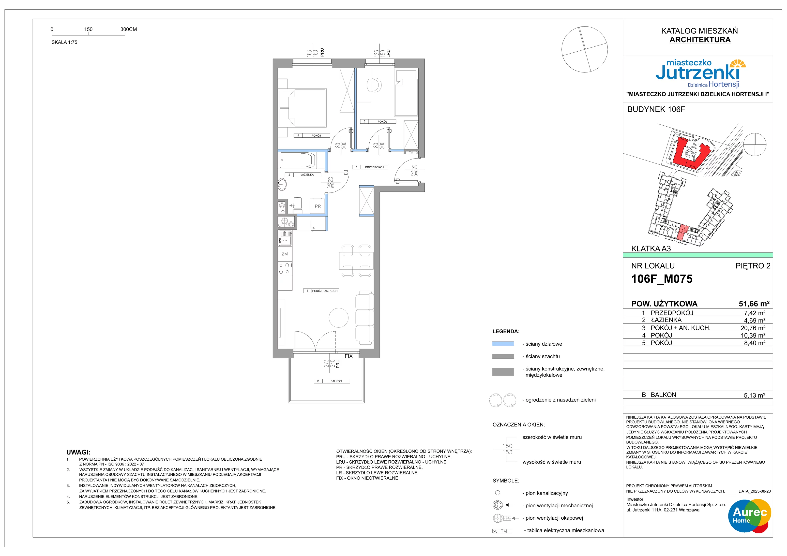 3 pokoje, mieszkanie 51,66 m², piętro 2, oferta nr 106F/M075, Miasteczko Jutrzenki Dzielnica Hortensji, Warszawa, Włochy, ul. Jutrzenki 106F