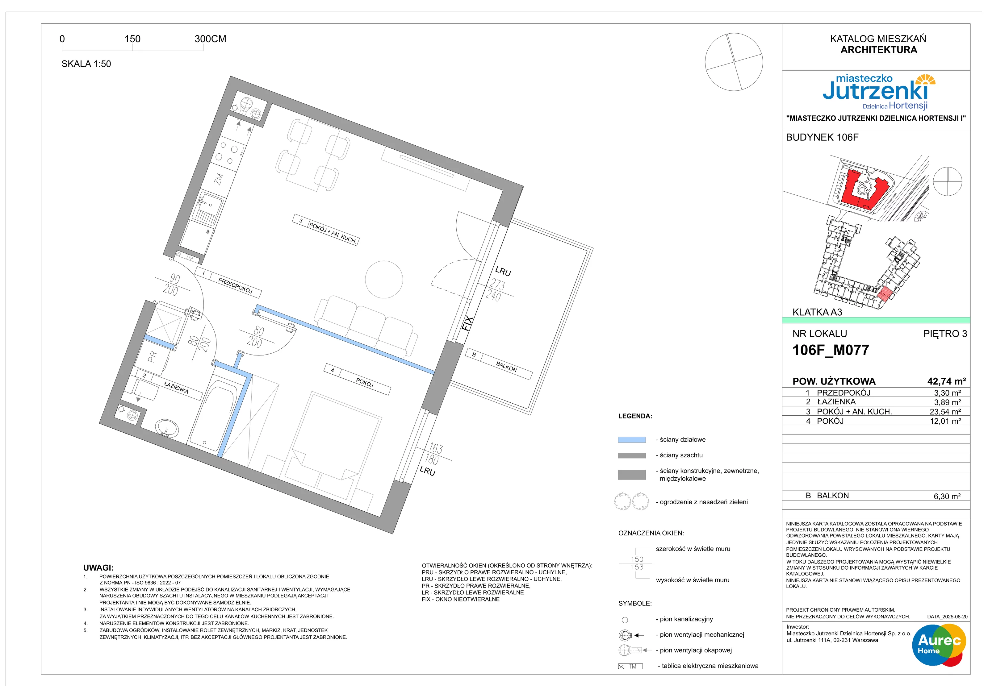 2 pokoje, mieszkanie 42,74 m², piętro 3, oferta nr 106F/M077, Miasteczko Jutrzenki Dzielnica Hortensji, Warszawa, Włochy, ul. Jutrzenki 106F
