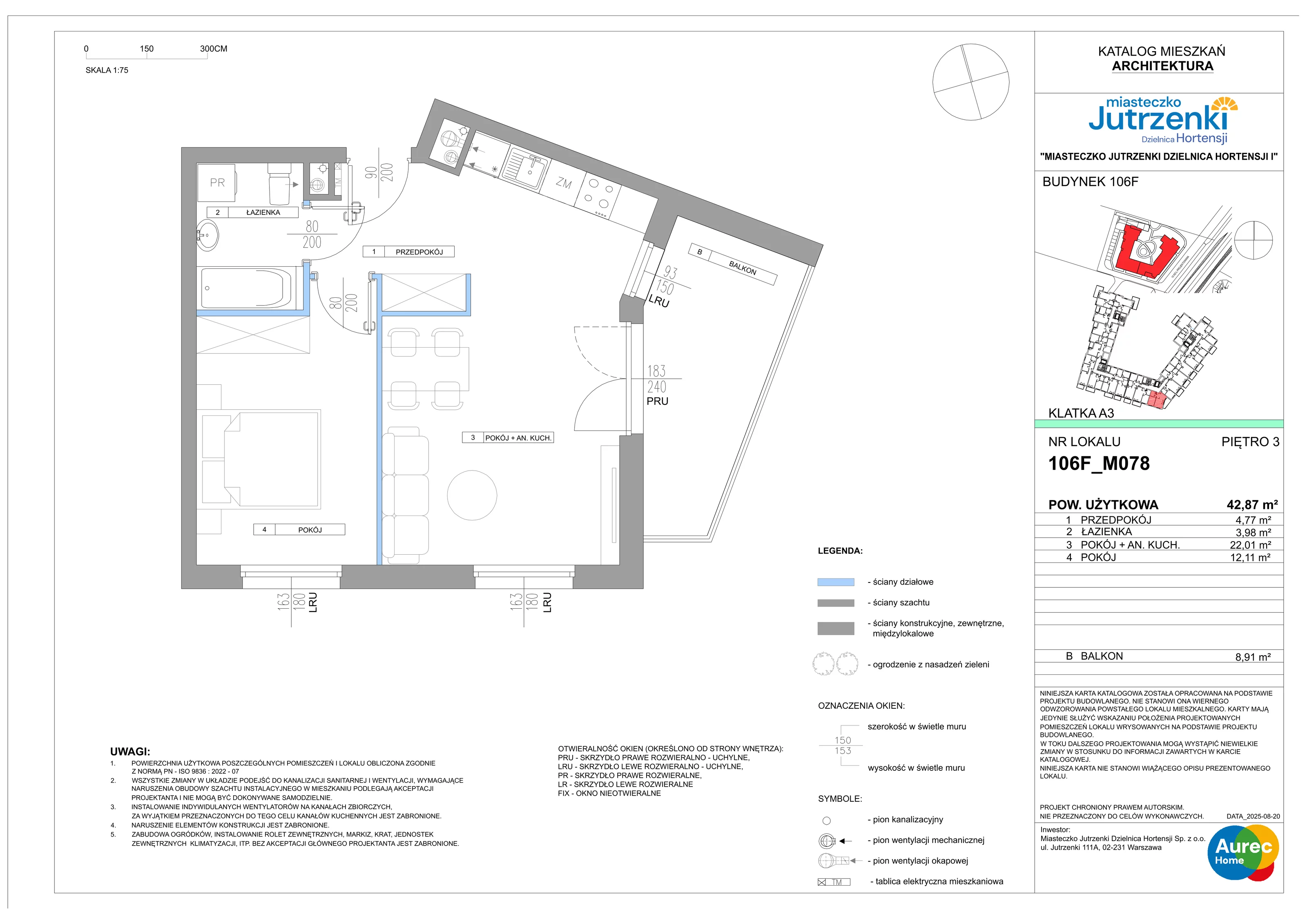2 pokoje, mieszkanie 42,87 m², piętro 3, oferta nr 106F/M078, Miasteczko Jutrzenki Dzielnica Hortensji, Warszawa, Włochy, ul. Jutrzenki 106F
