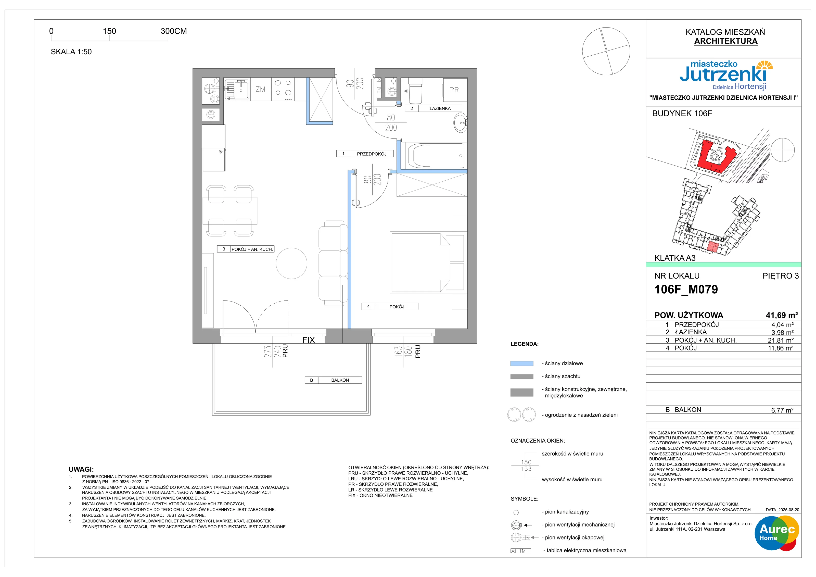 2 pokoje, mieszkanie 41,69 m², piętro 3, oferta nr 106F/M079, Miasteczko Jutrzenki Dzielnica Hortensji, Warszawa, Włochy, ul. Jutrzenki 106F